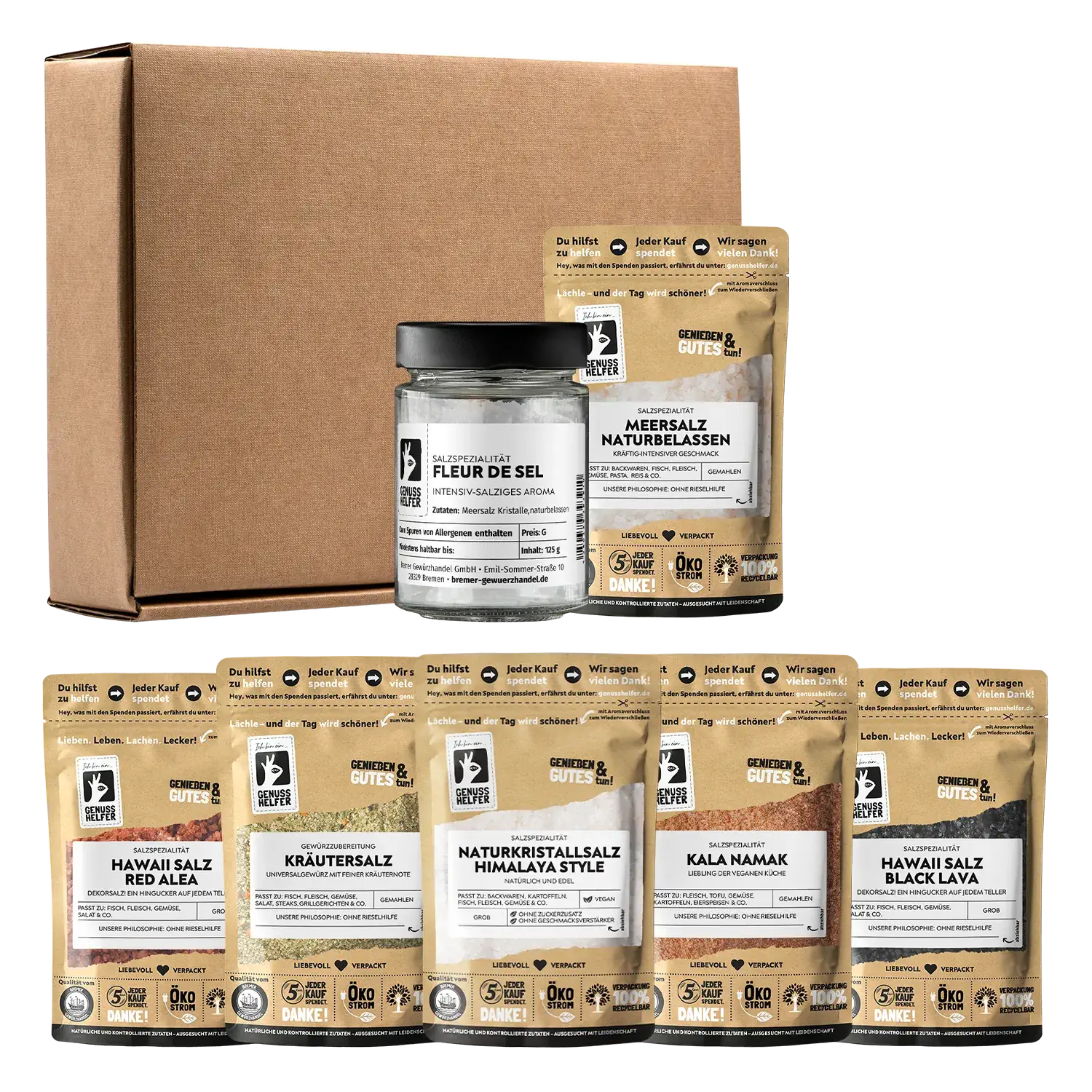 Genuss Box - Welt der Salze, 7 Tlg. Zusammenstellung der Artikel sowie des Kartons der Genussbox „Welt der Salze“