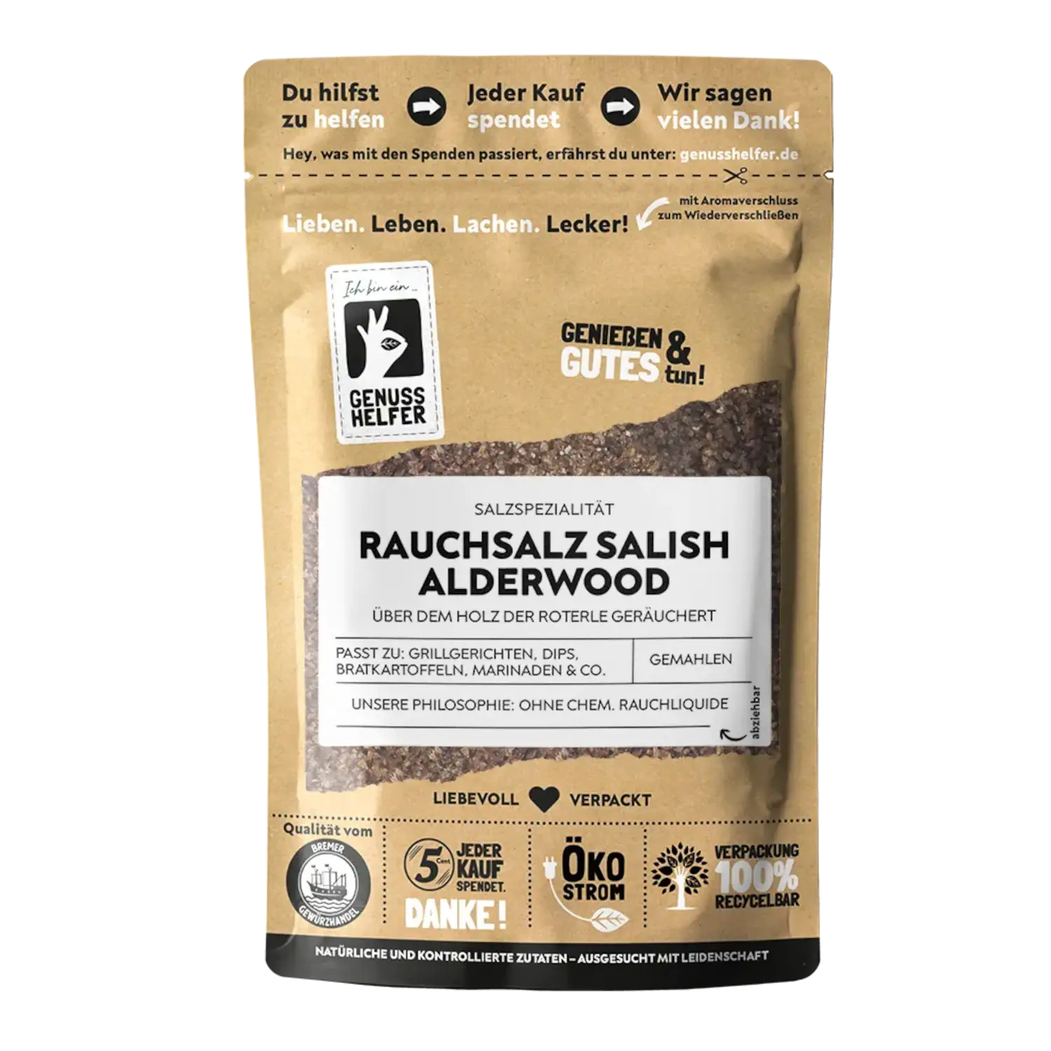 Rauchsalz Salish Alderwood, Roterle Vorderansicht eines Beutels mit Rauchsalz „Salish Alderwood“
