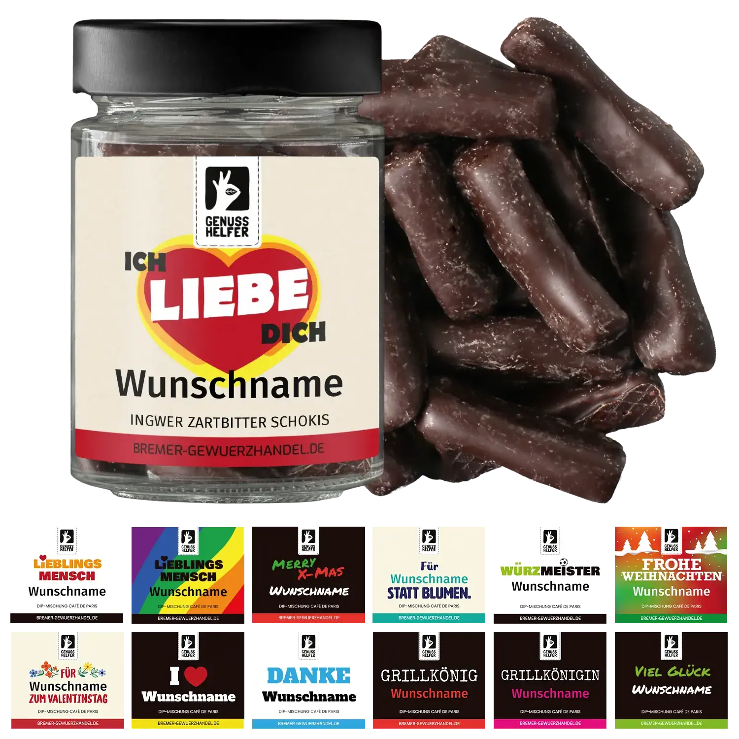 Geschenkglas: Ingwer Zartbitter Schokis Saisonale Darstellung der Zartbitterschokis mit Ingwer