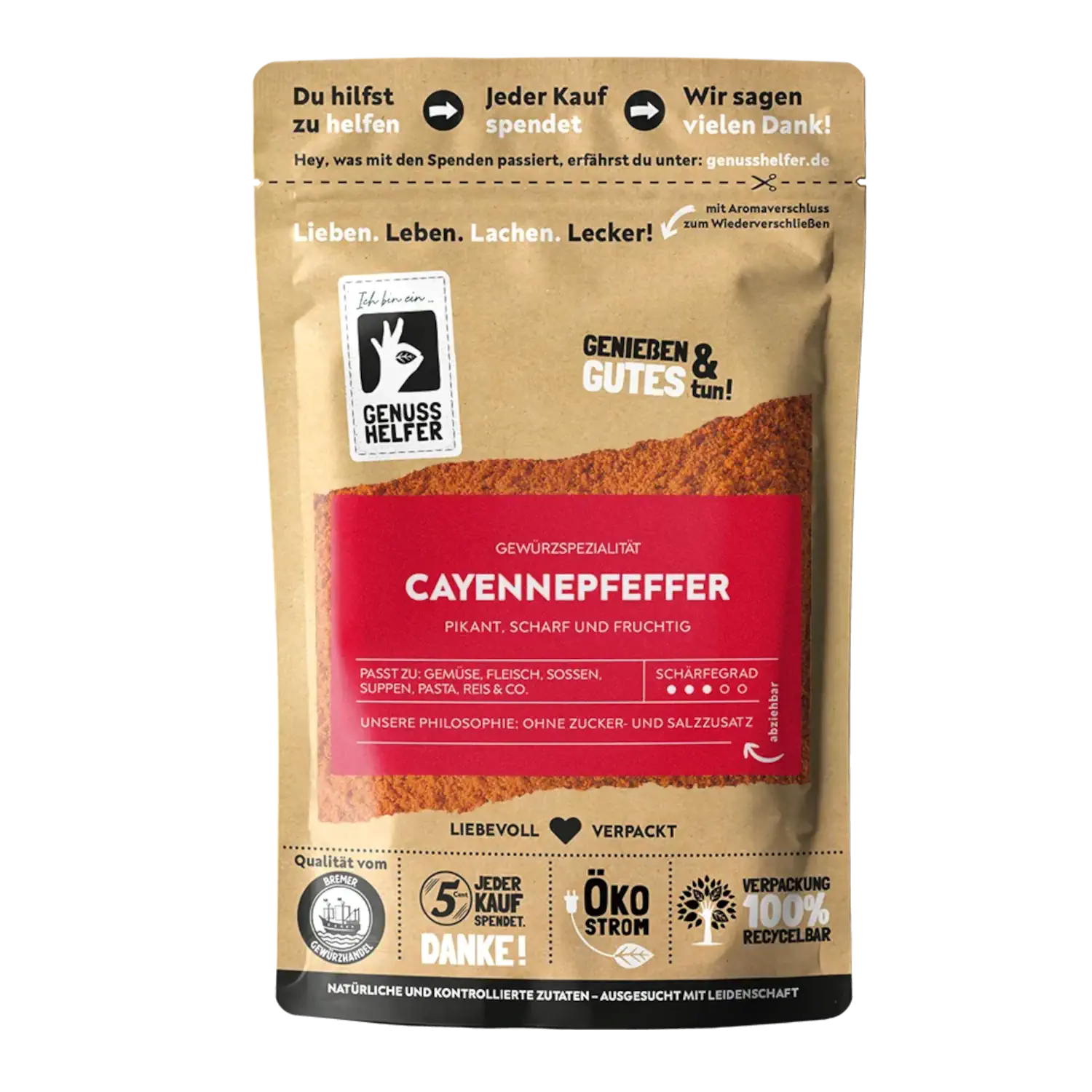 Cayennepfeffer, gemahlen Vorderansicht eines Beutels mit gemahlenem Cayennepfeffer
