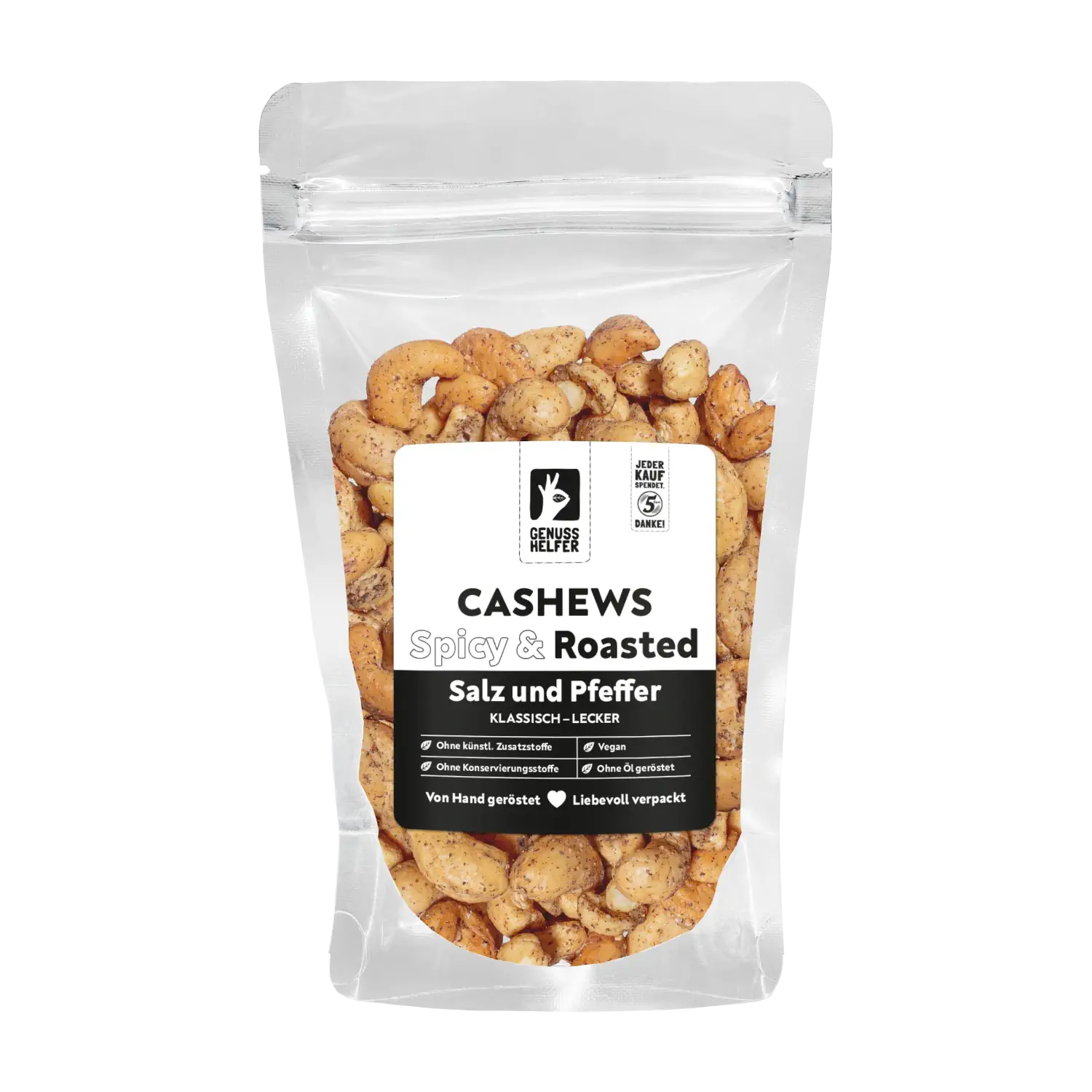 Cashews Salz & Pfeffer, geröstet & gewürzt Vorderansicht eines Beutels mit Cashewkernen „Salz und Pfeffer Spicy Roasted“