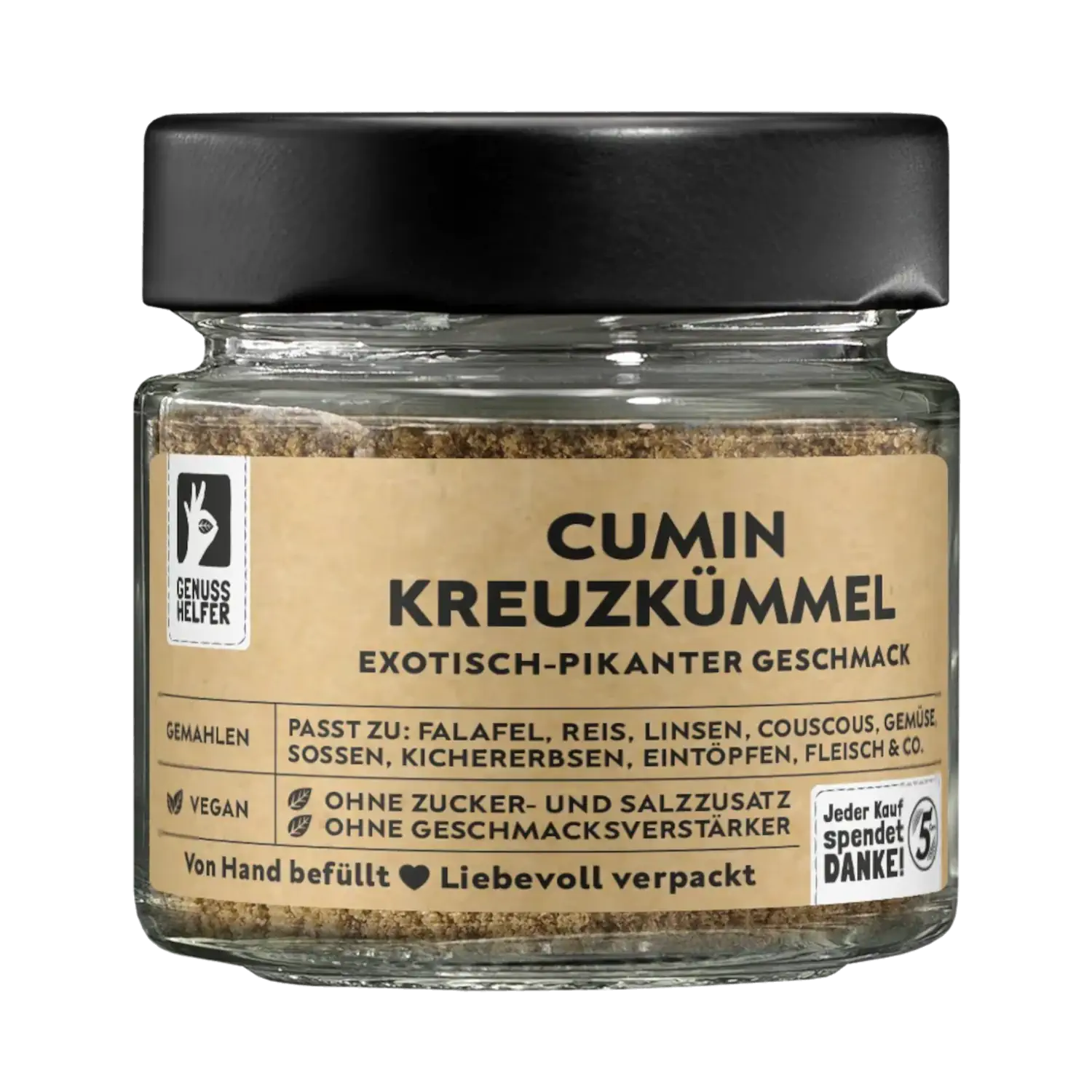 Cumin Kreuzkümmel, gemahlen, im Glas Vorderansicht eines Glases mit gemahlenem Kreuzkümmel (Cumin)