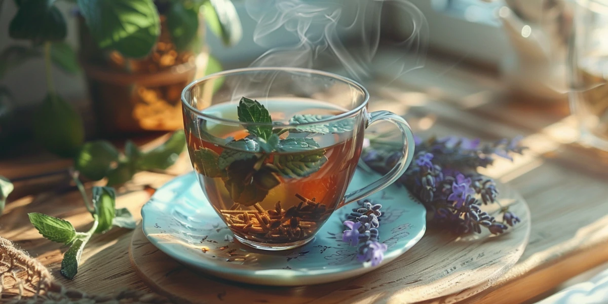 Eine Tasse Kräutertee mit frischen Kräutern auf einem Holztisch