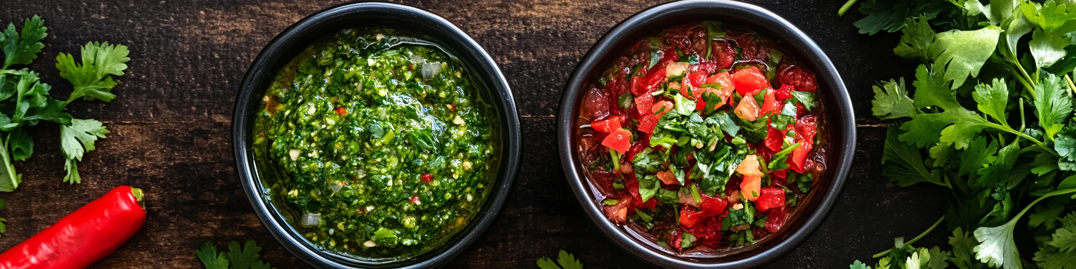 Grüne und rote Chimichurri-Sauce mit Petersilie als Dip