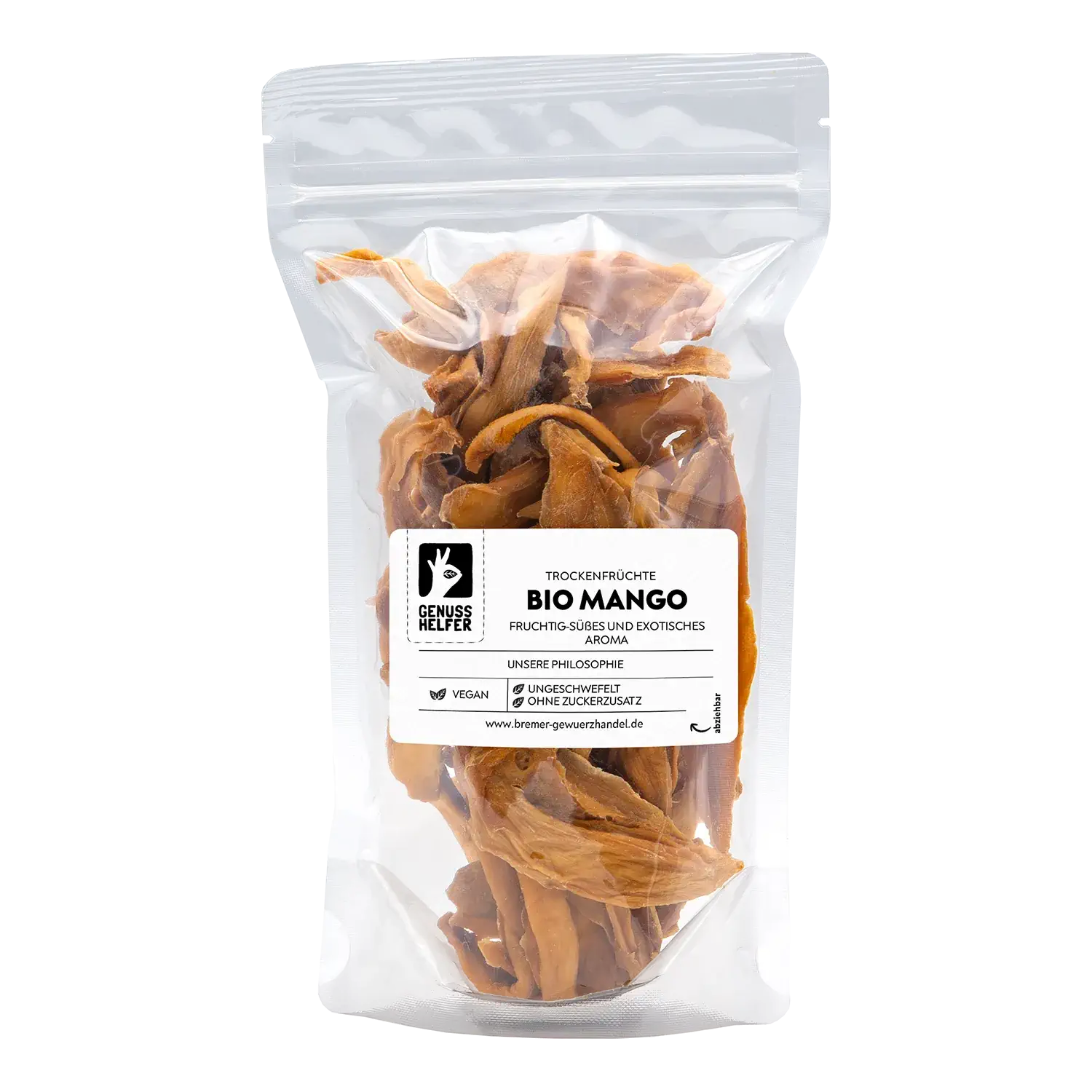 Bio Mango, getrocknet Vorderansicht eines Beutels mit getrockneter Bio-Mango