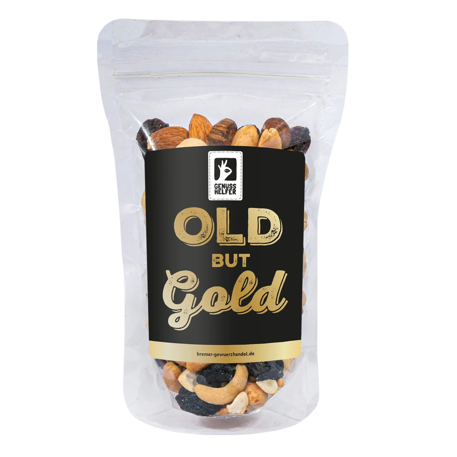 Nuss-Frucht-Mischung „Old but Gold“ in einem Glas mit individualisierbarem Etikett