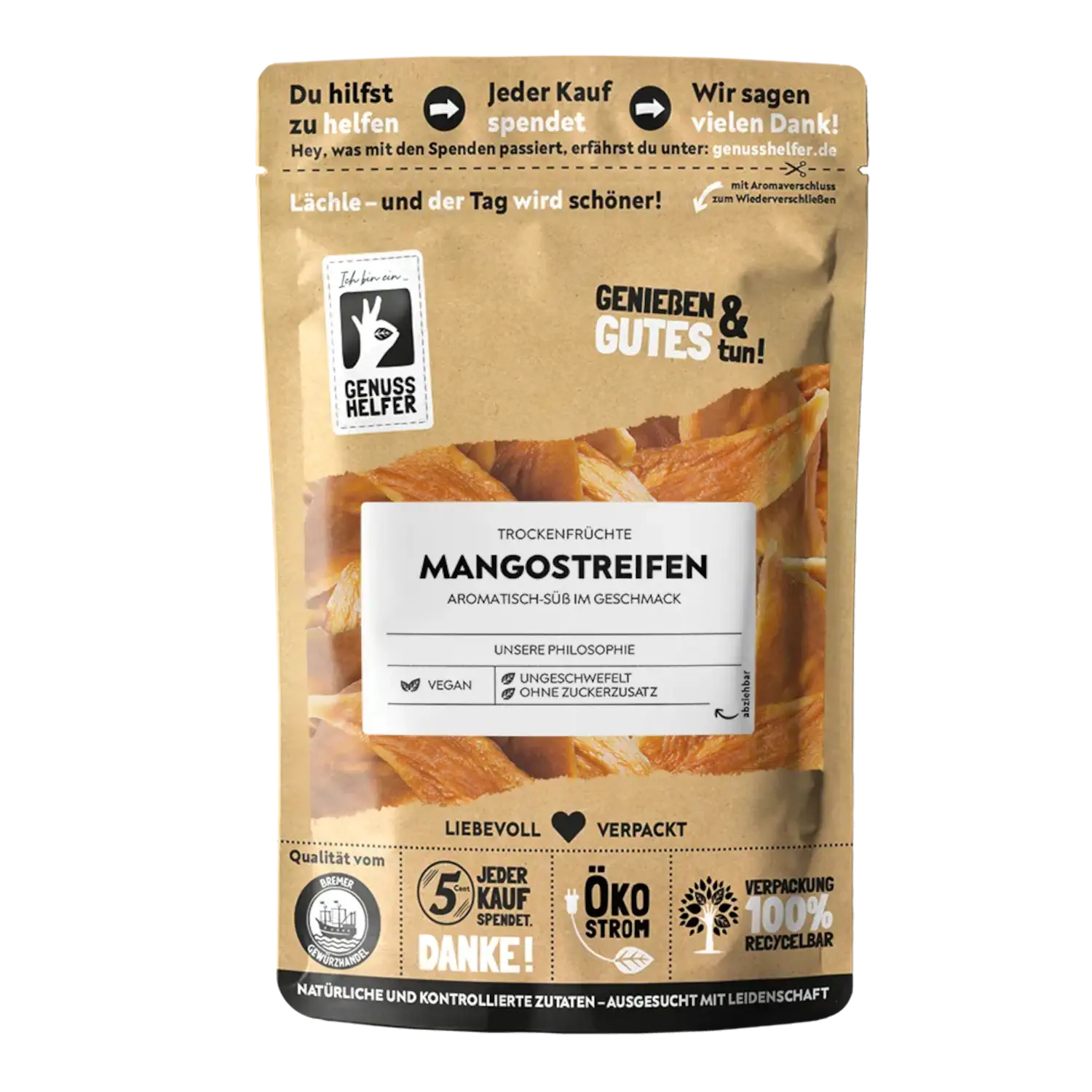 Mangostreifen, getrocknet Vorderansicht eines Beutels mit getrockneten Mangostreifen