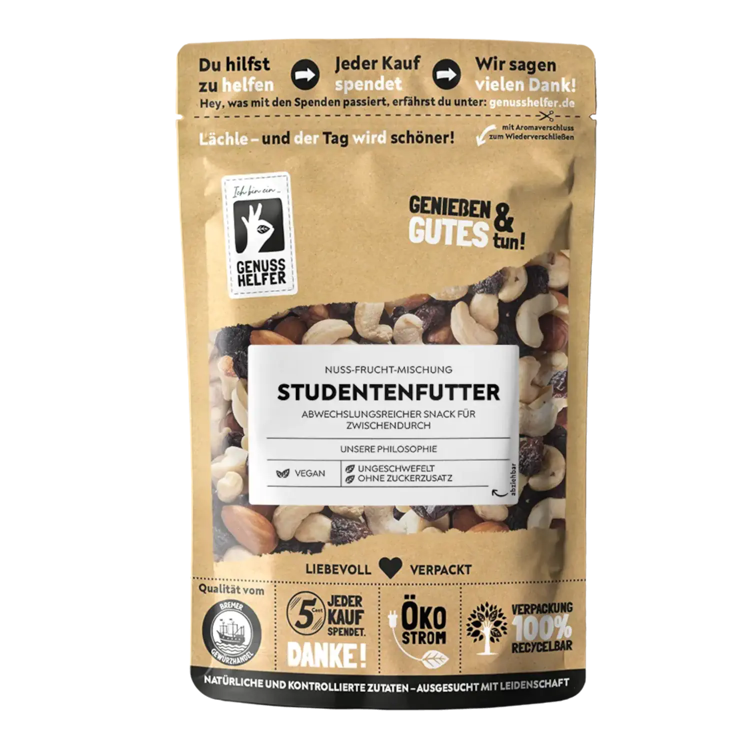 Vorderansicht eines Beutels mit Studentenfutter Nuss-Frucht-Mischung