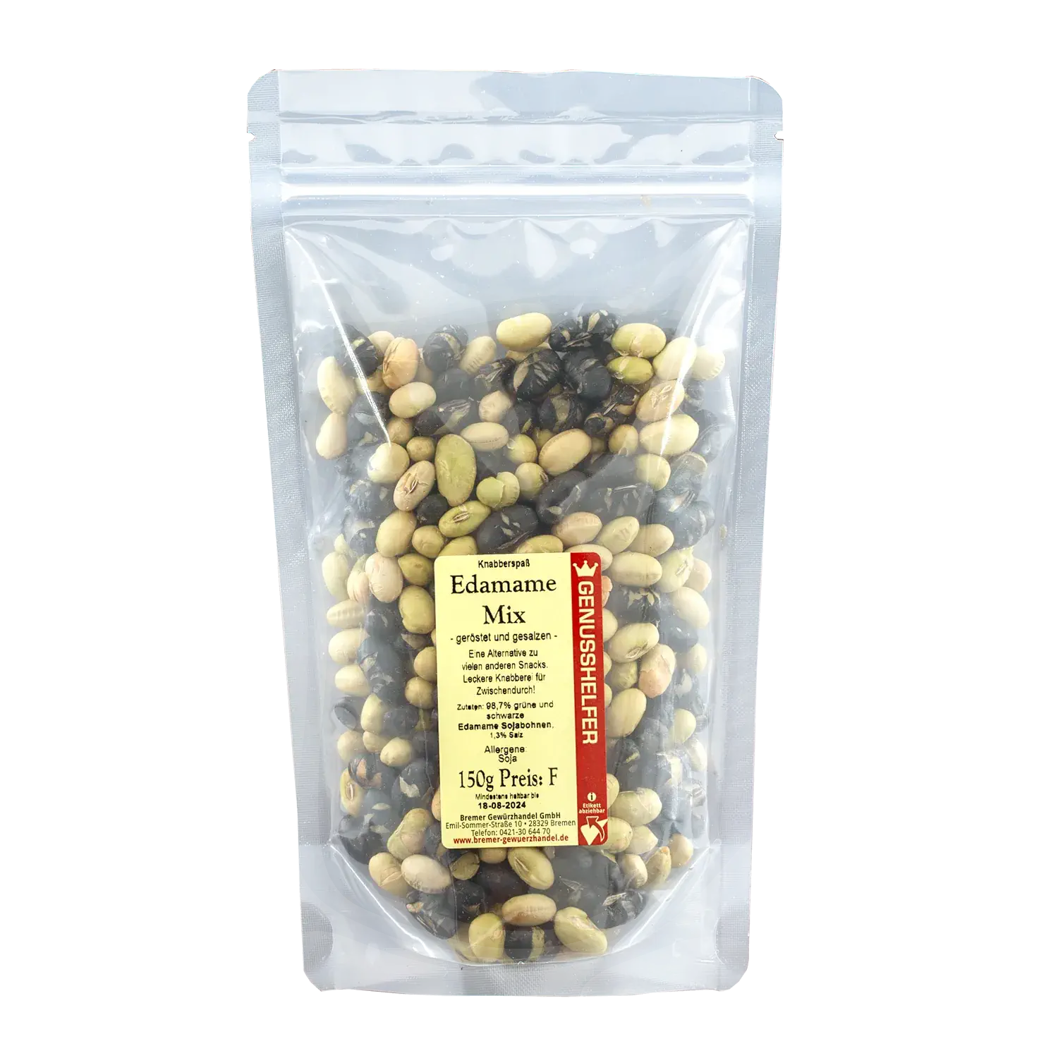 Edamame-Mix, geröstet & gesalzen Vorderansicht eines Beutels mit Edamame-Mix