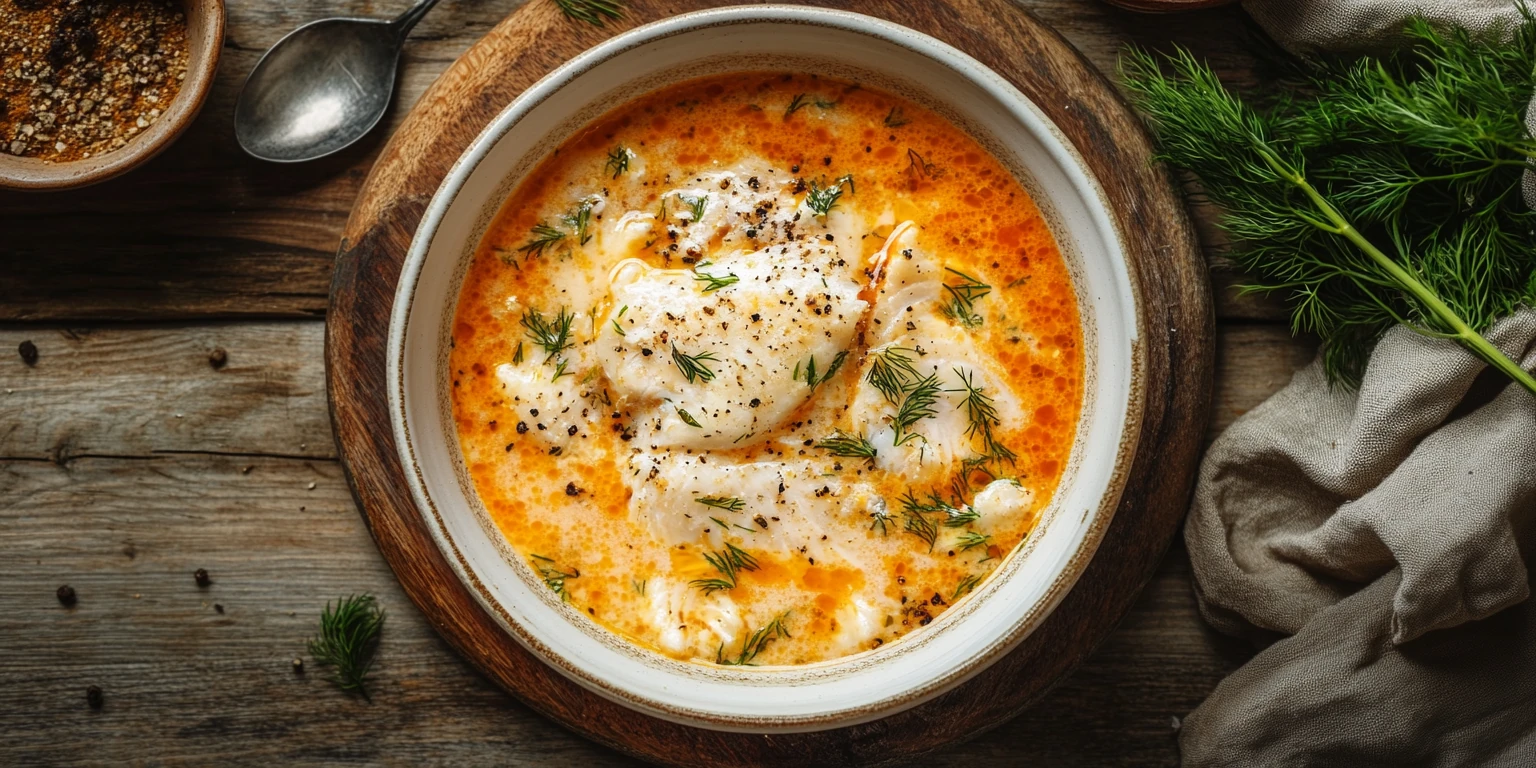 Fischsuppe mit gerebelten Dillspitzen gewürzt