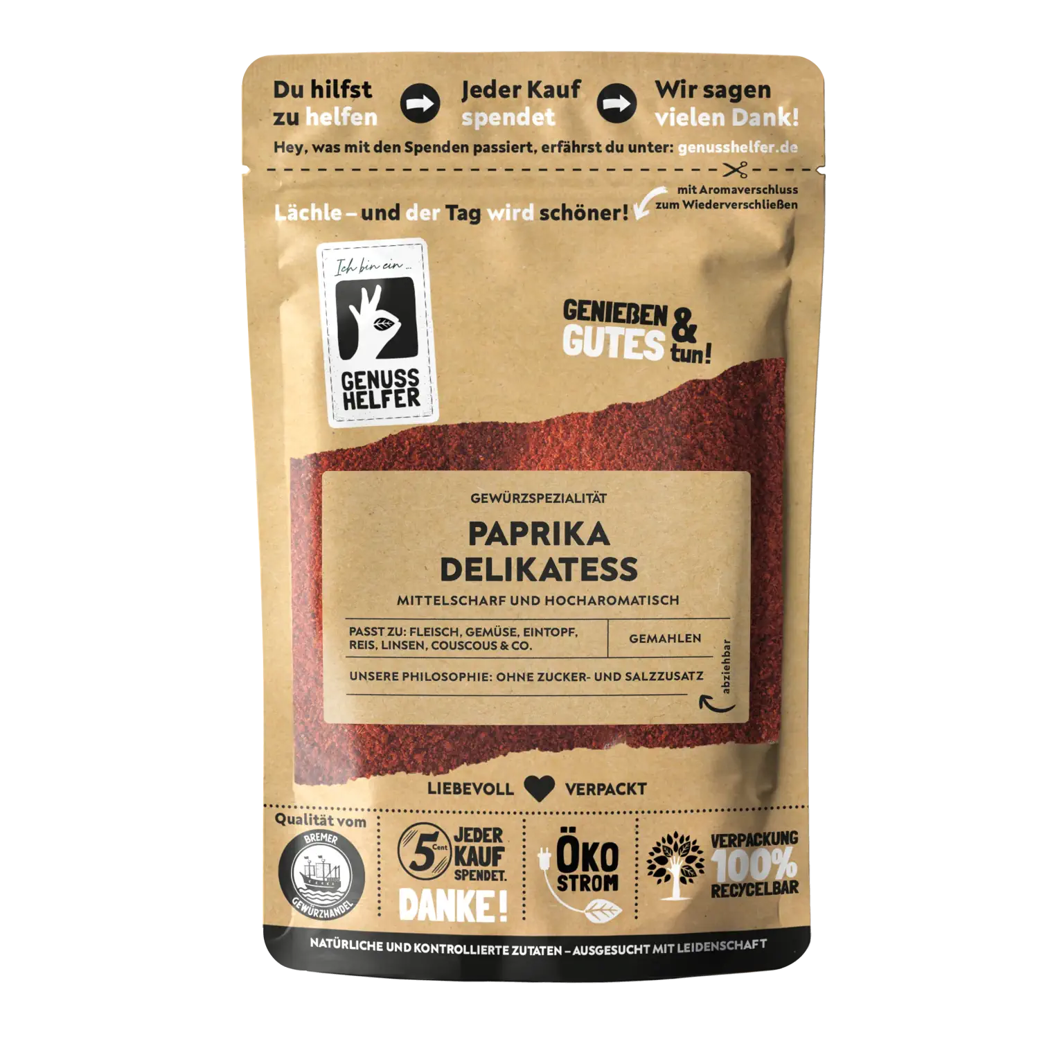 Paprika delikatess, gemahlen Vorderansicht eines Beutels mit gemahlenem Paprika Delikatess