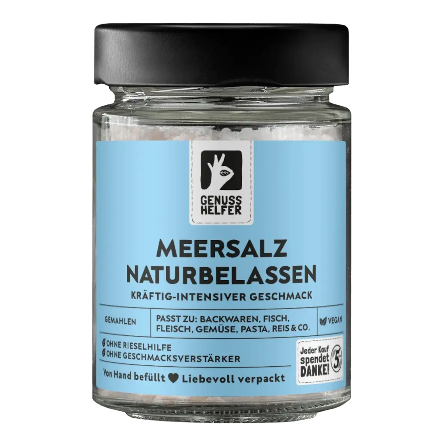 Vorderansicht eines Glases mit gemahlenem französischen Meersalz, naturbelassen