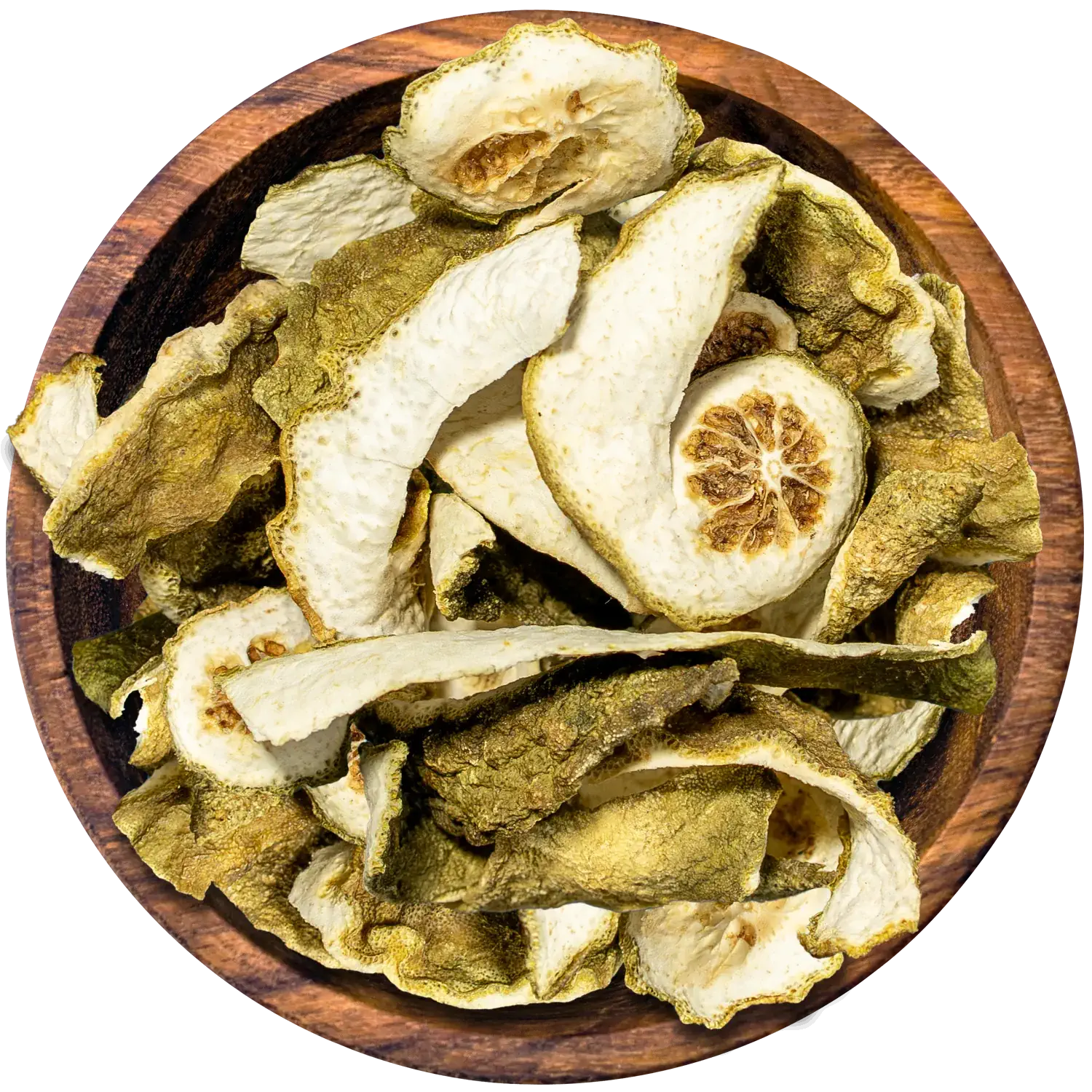 Getrocknete Kaffir-Limette in einer Holzschale