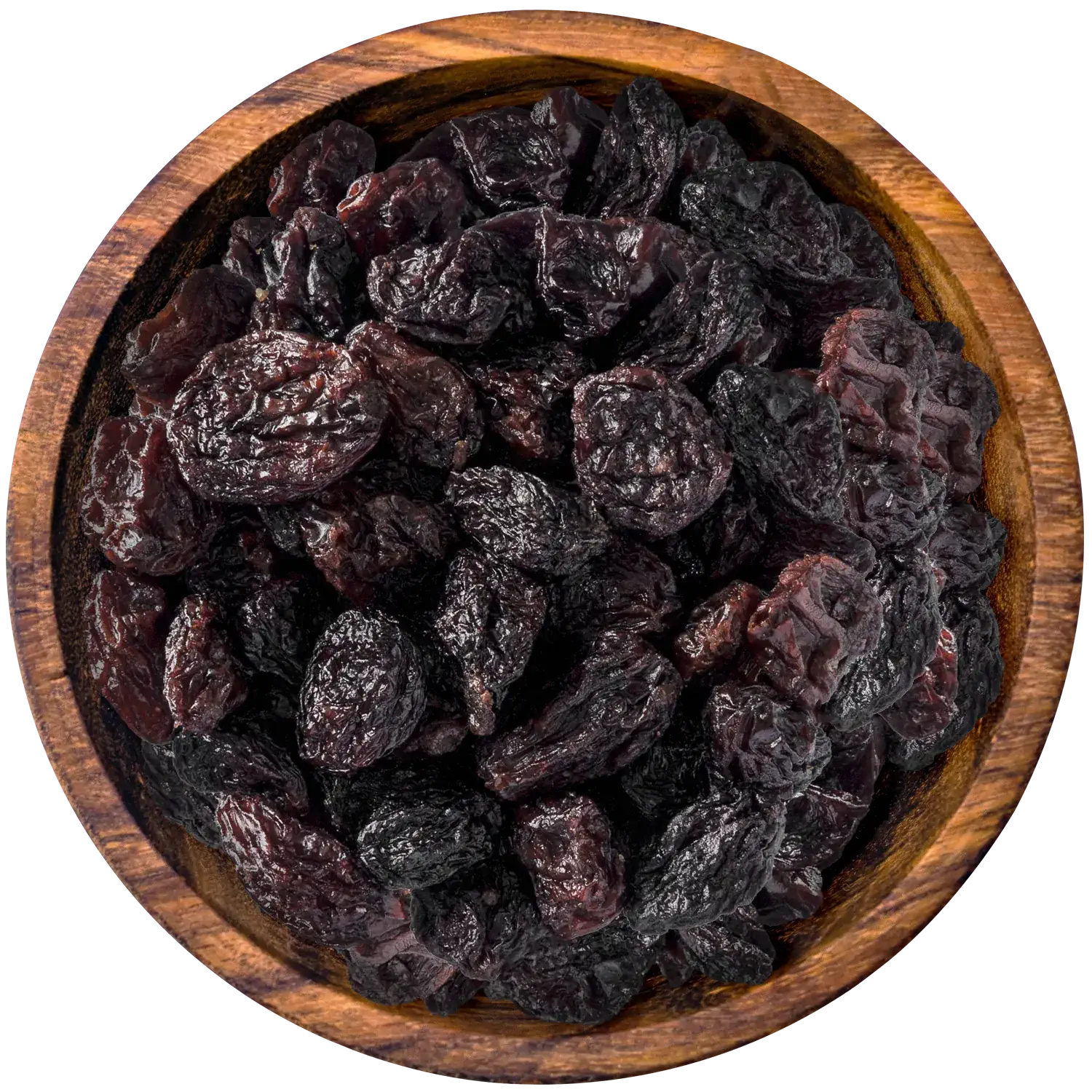 Getrocknete Weinbeeren in einer Holzschale