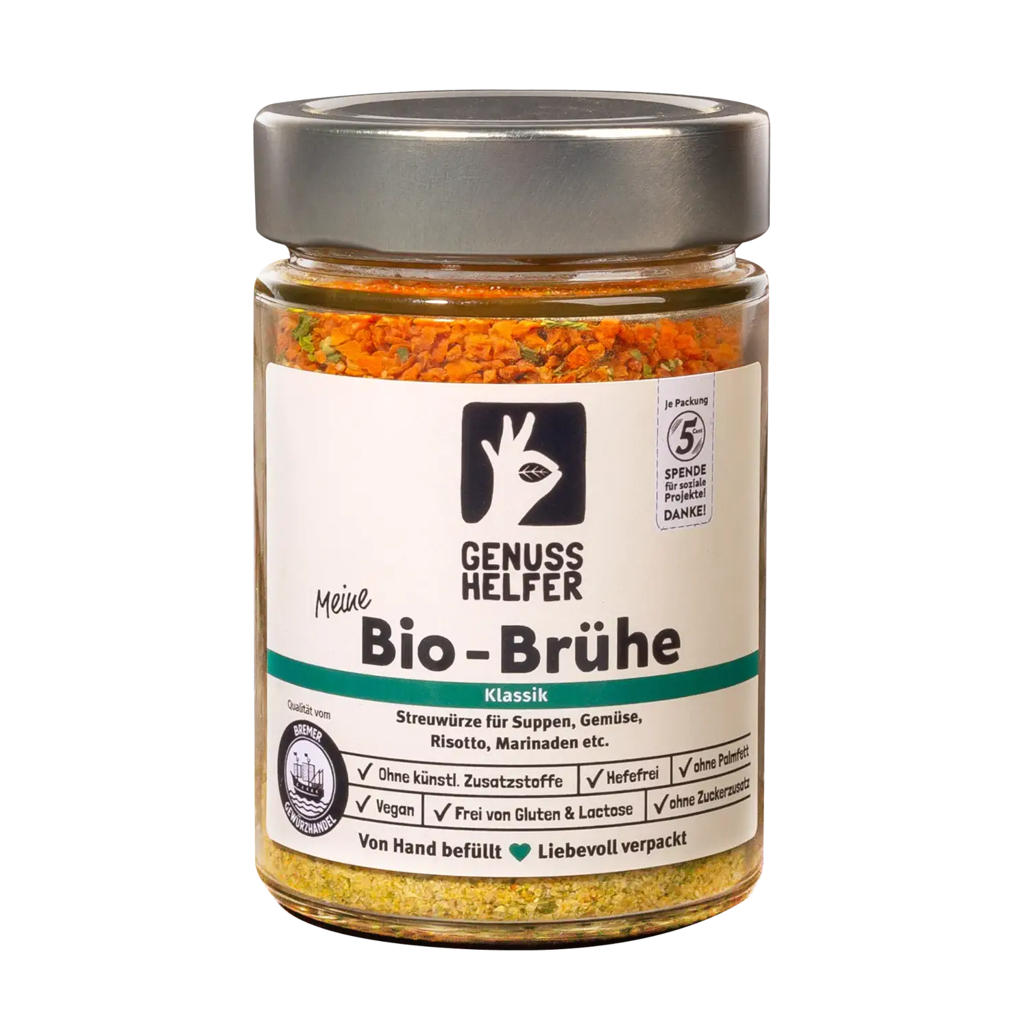 Brühe, Streuwürze BIO, gemahlen, im Glas Glas mit gemahlener Bio-Brühe-Streuwürze
