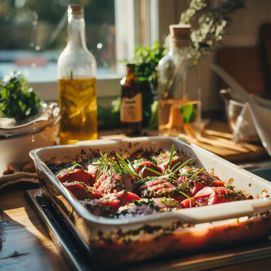 Fleisch in einer Auflaufform mit Marinade vorbereitet