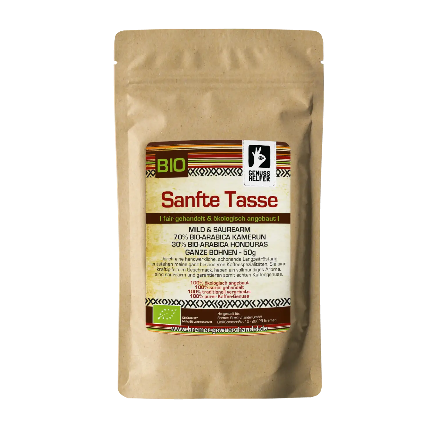 Sanfte Tasse, mild, BIO, ganz, 50g Kaffee „Sanfte Tasse“ mit ganzen Bohnen im 50-g-Beutel