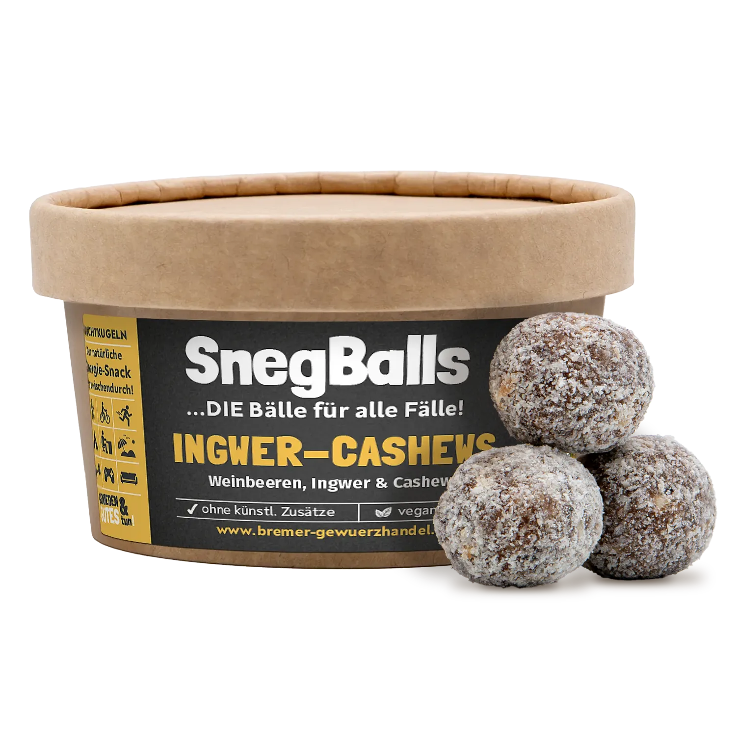 Snegballs „Ingwer-Cashew“ in einer Holzschale