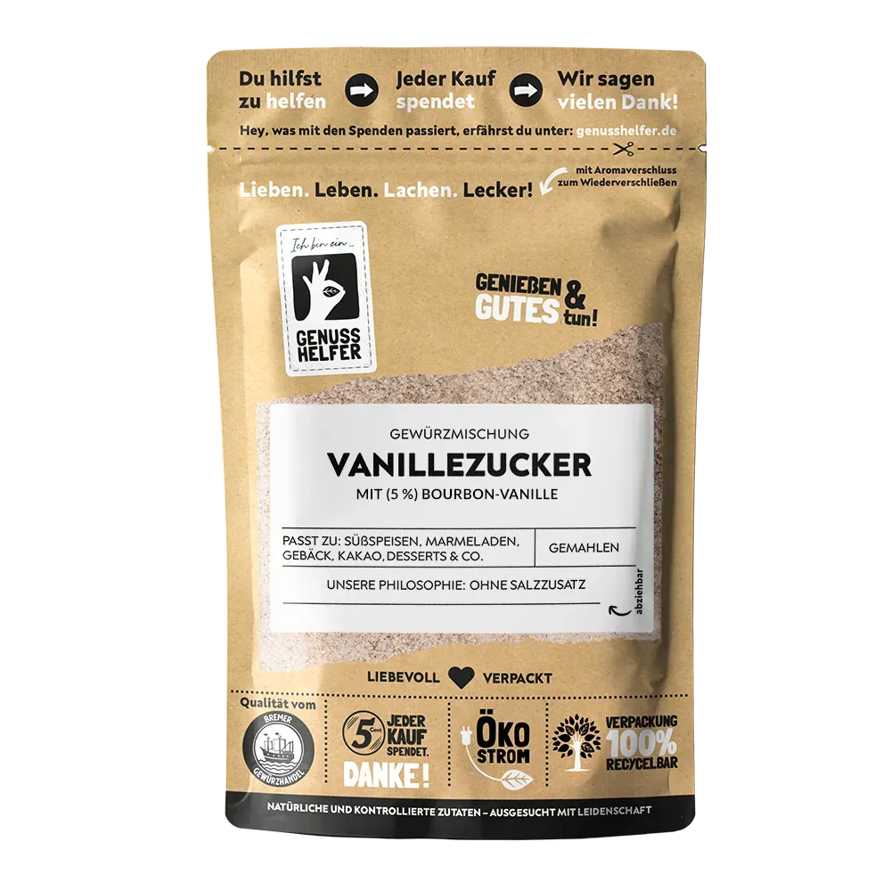 Vanillezucker, gemahlen, mit Bourbon-Vanille Vorderansicht eines Beutels mit gemahlenem Vanillezucker