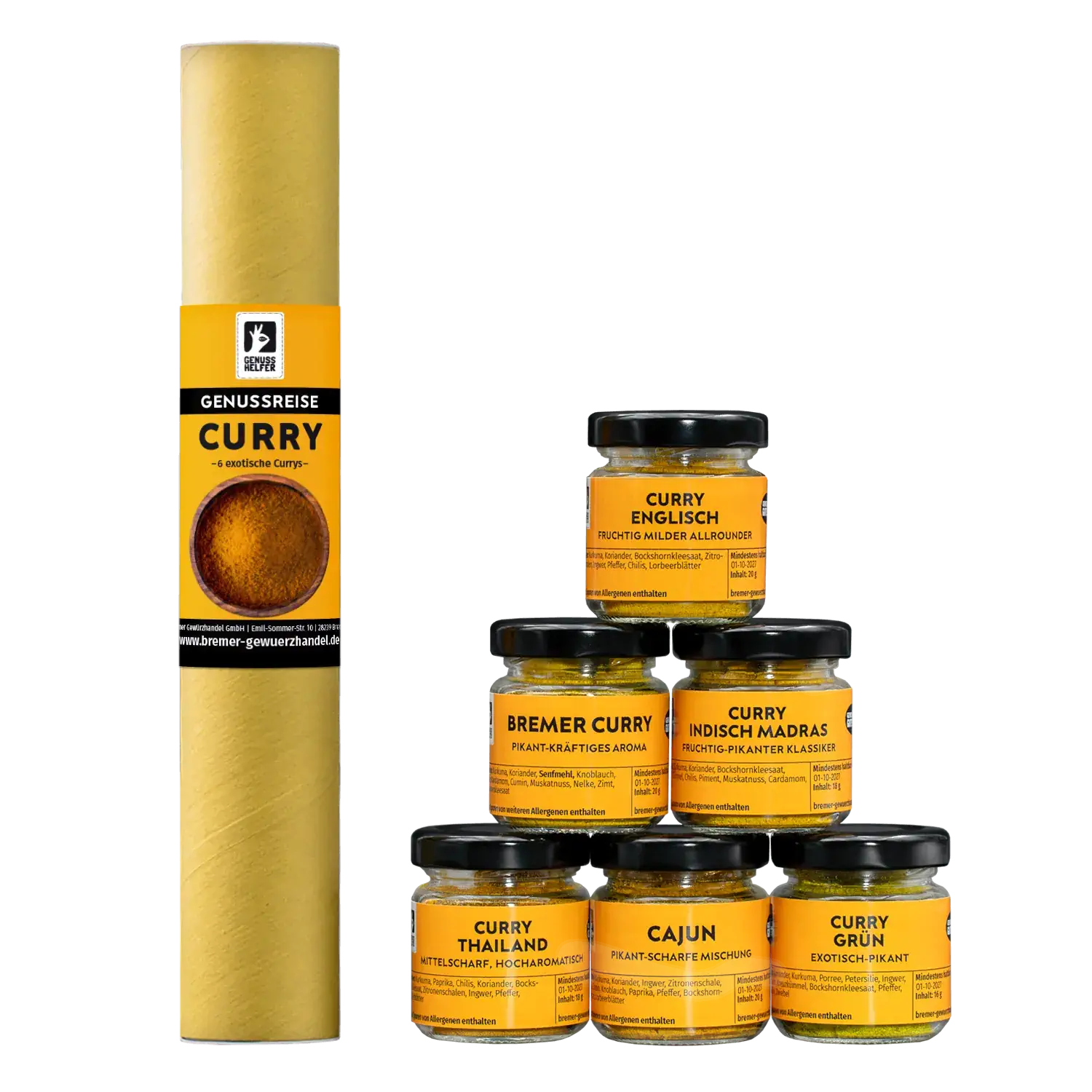 Genussreise Curry, 6 Tlg. Zusammenstellung der Gläser aus der Curry-Genussreise