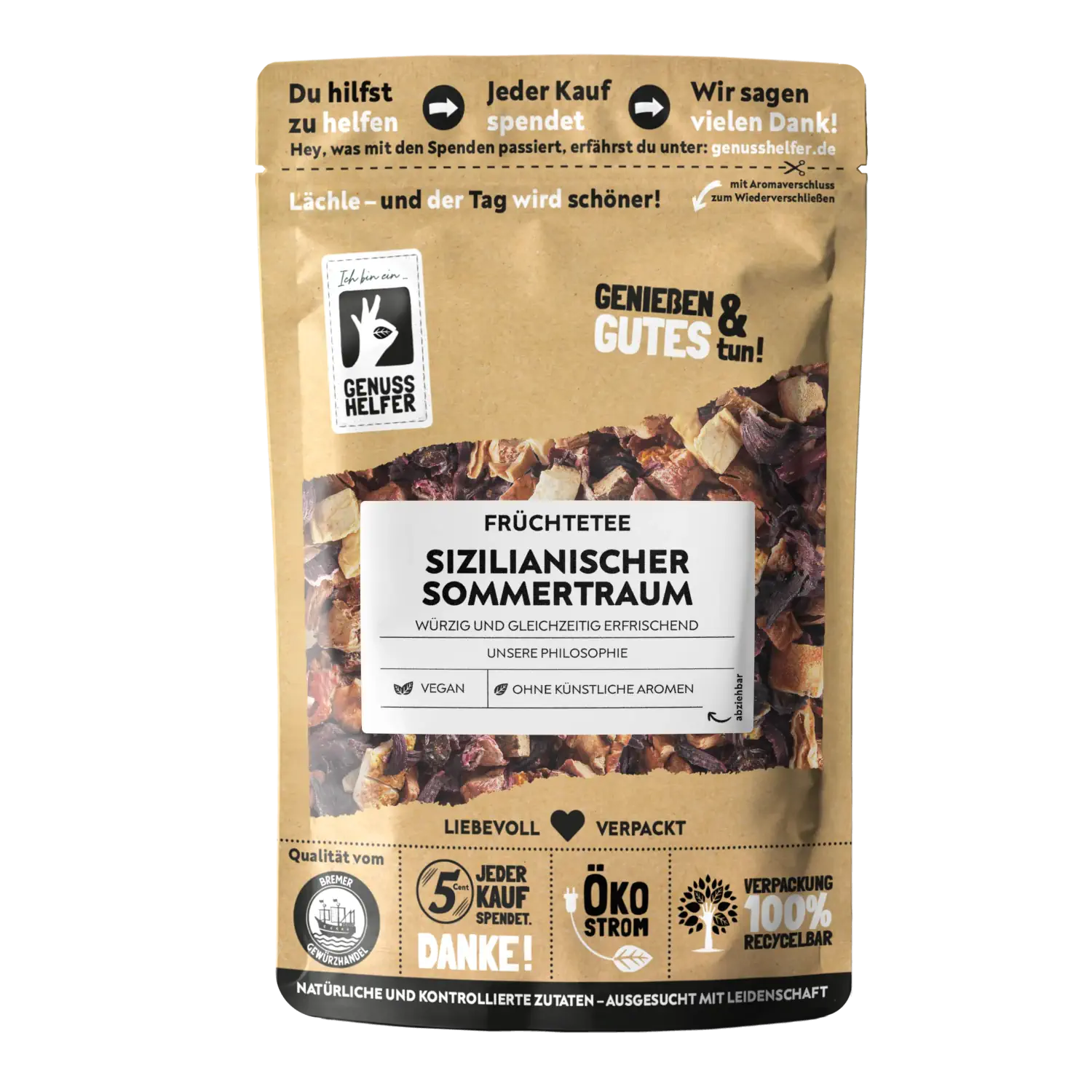 Vorderansicht eines Beutels mit Früchtetee „Sizilianischer Sommertraum“
