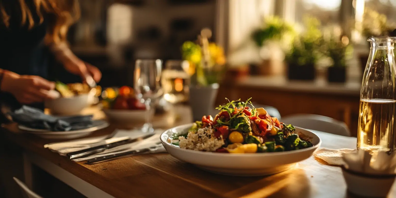 Reisgericht mit Gemüse und veganen Gewürzen dekorativ am Esstisch