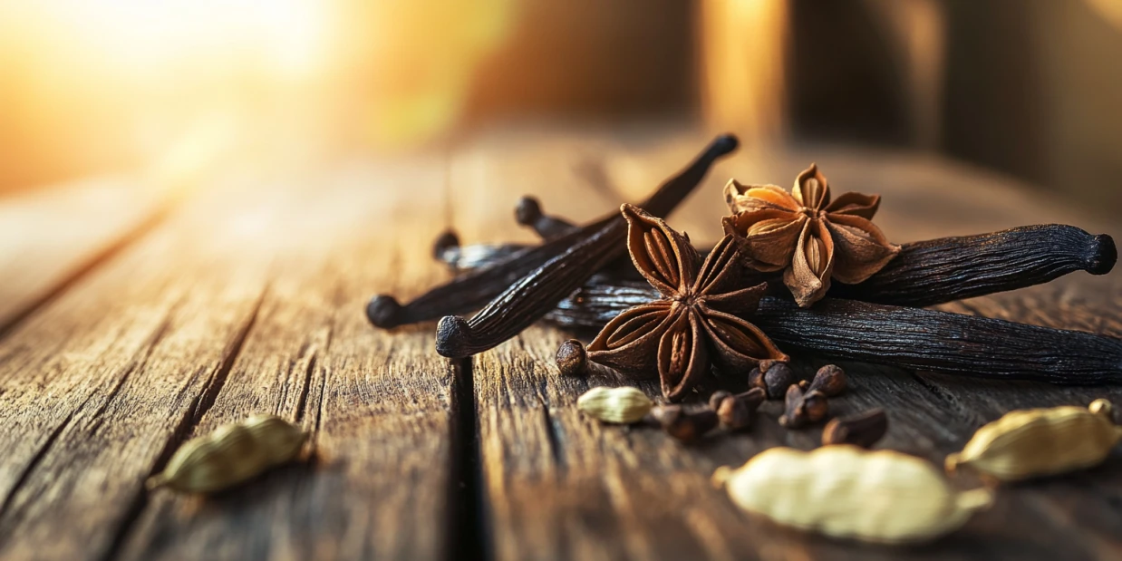 Vanille, Kardamom und Sternanis als aromatische Gewürze arrangiert
