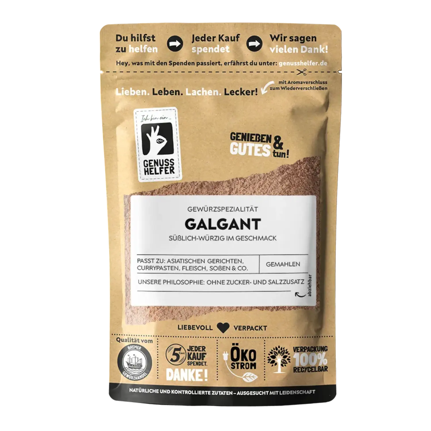 Galgant, gemahlen Vorderansicht eines Beutels mit gemahlenem Galgant