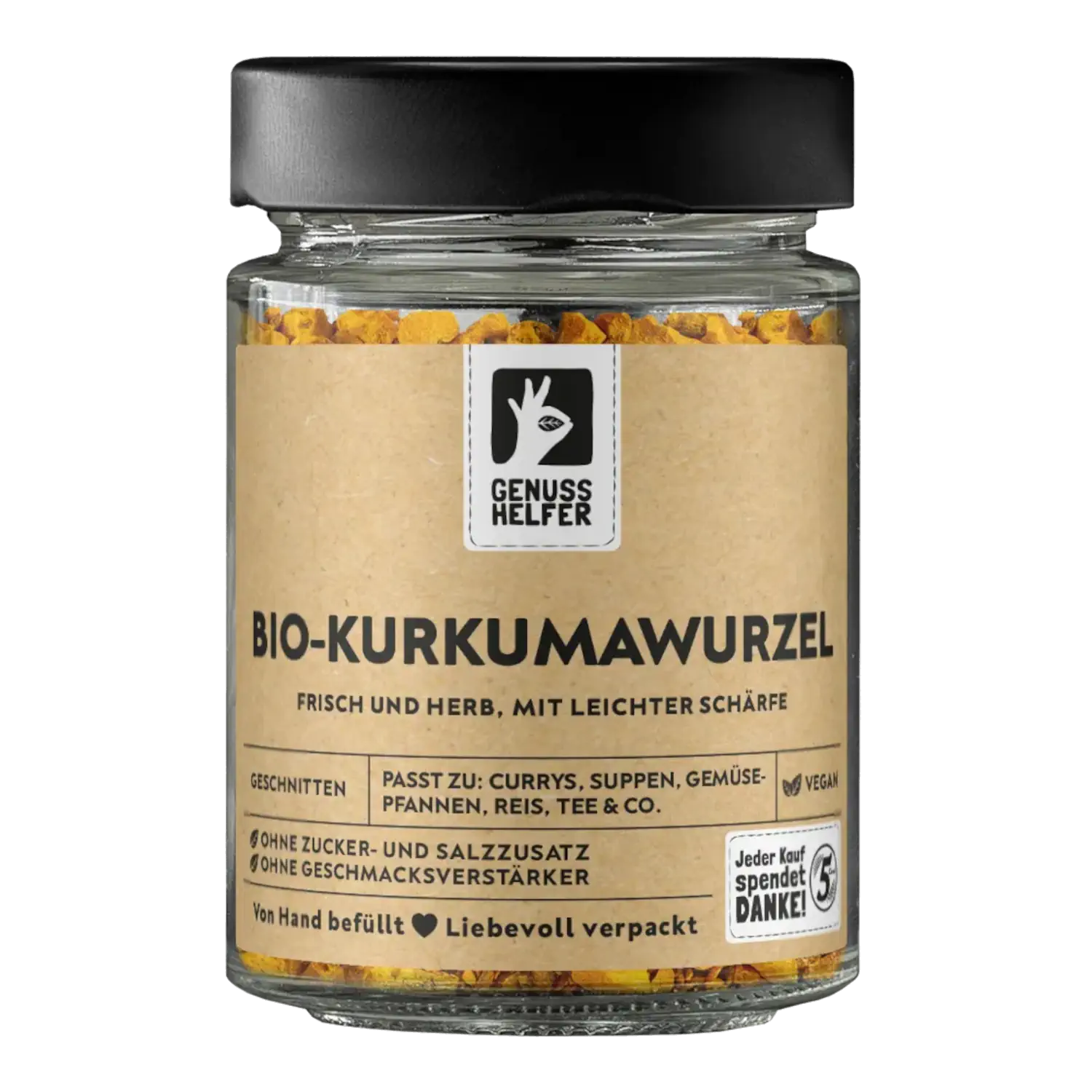 Kurkumawurzel Bio, geschnitten, im Glas Vorderansicht eines Glases mit geschnittener Kurkumawurzel