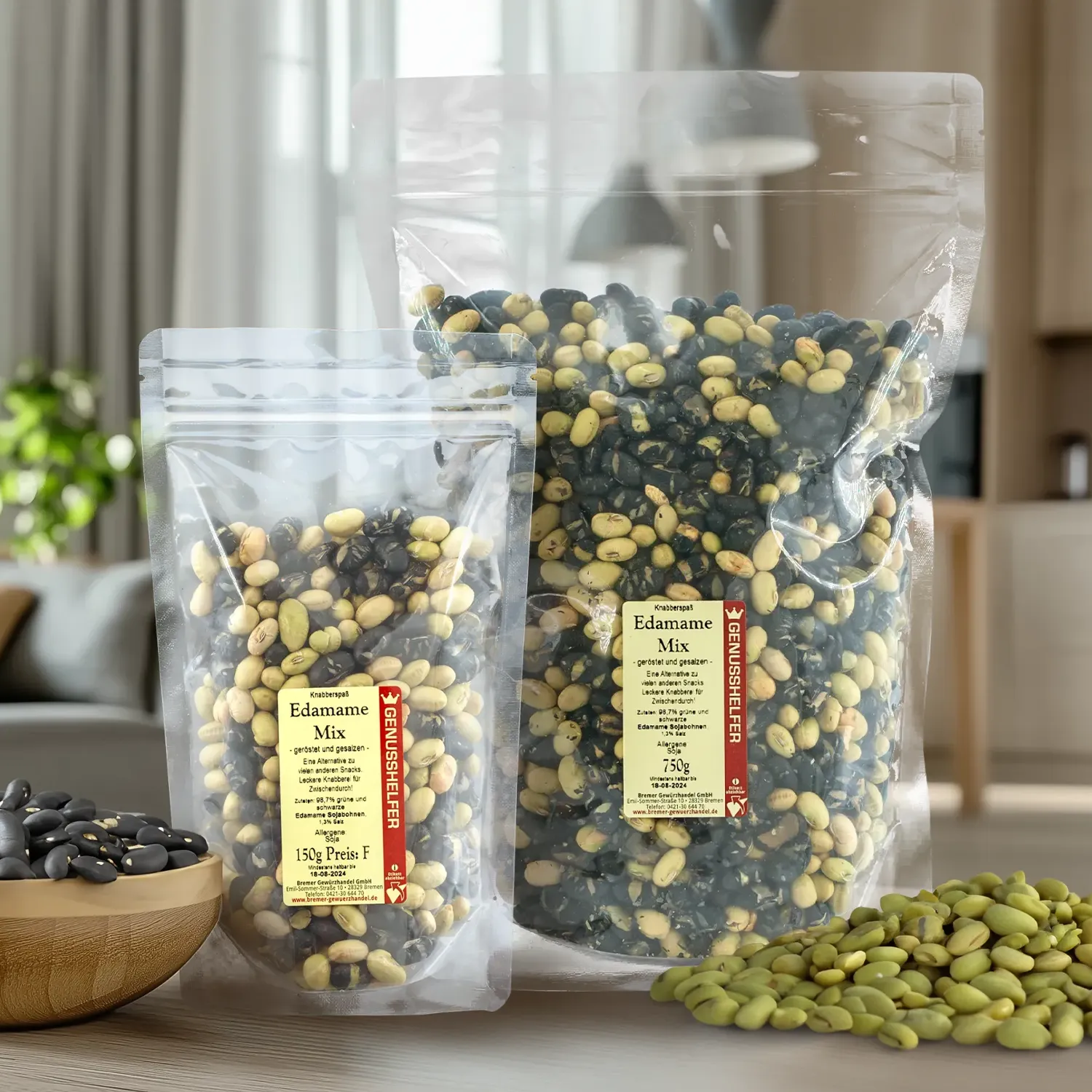 Präsentation des gesalzenen, gerösteten Edamame-Mix