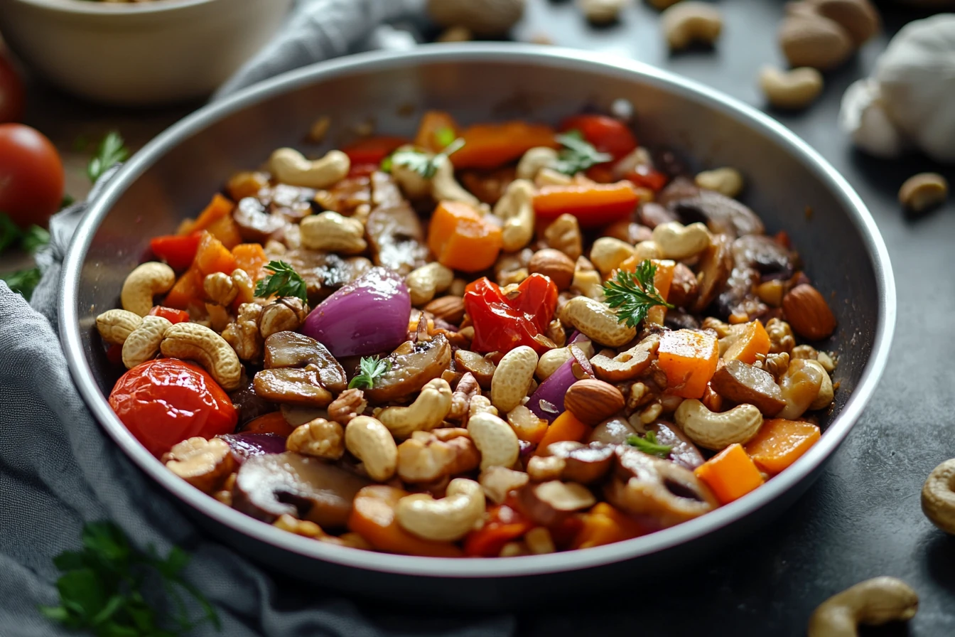 Gemüsepfanne mit Nussmischung als vegetarisches Gericht
