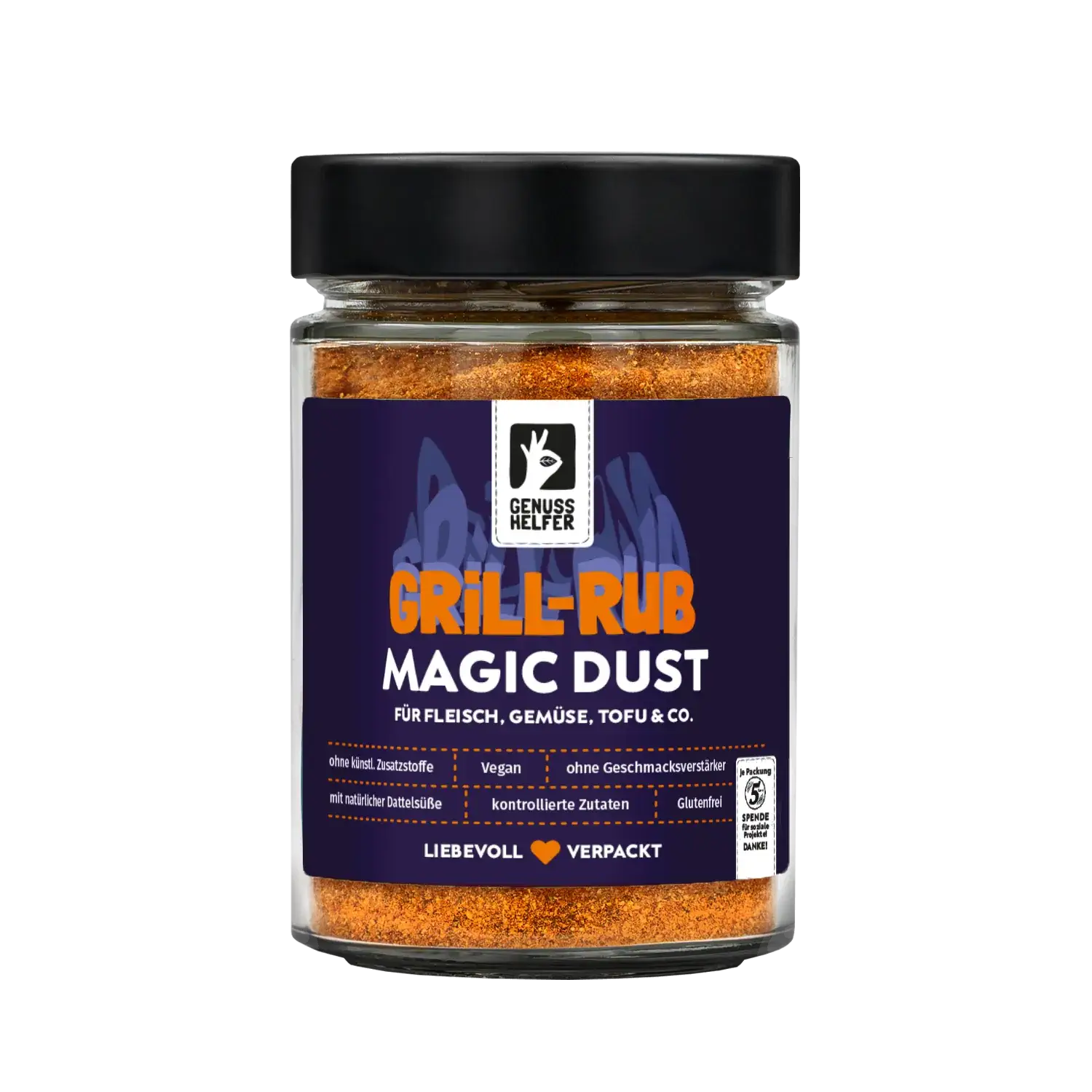 Grill-Rub Magic Dust, im Glas Vorderansicht eines Glases mit Grill-Rub „Magic Dust“