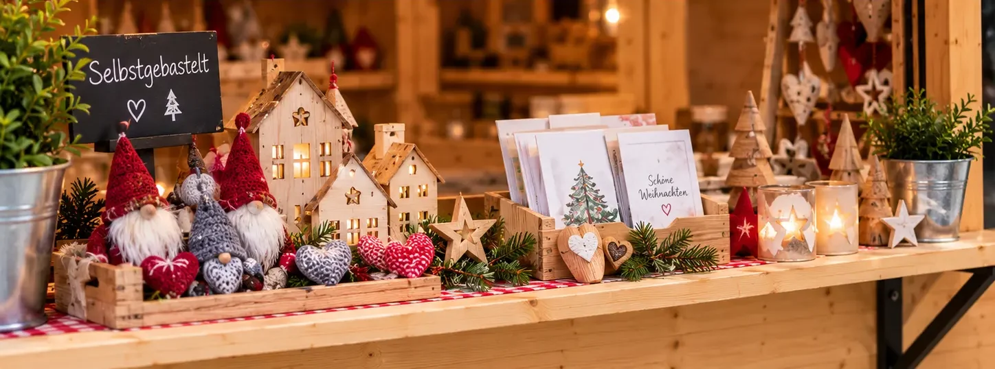 Gute Hütte Verkaufstisch mit selbstgebastelten Wichteln, Holzhäuschen und Weihnachtskarten