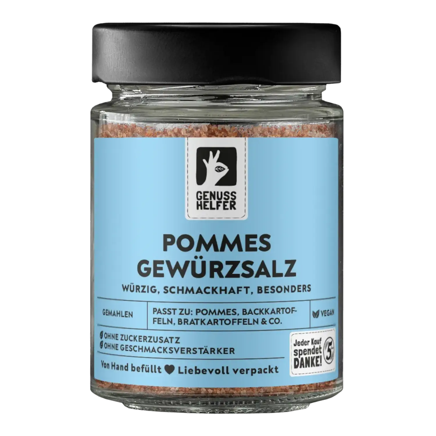 Pommes Gewürzsalz, Salzen DaLuxe, im Glas Vorderansicht eines Glases mit Pommes-Gewürzsalz