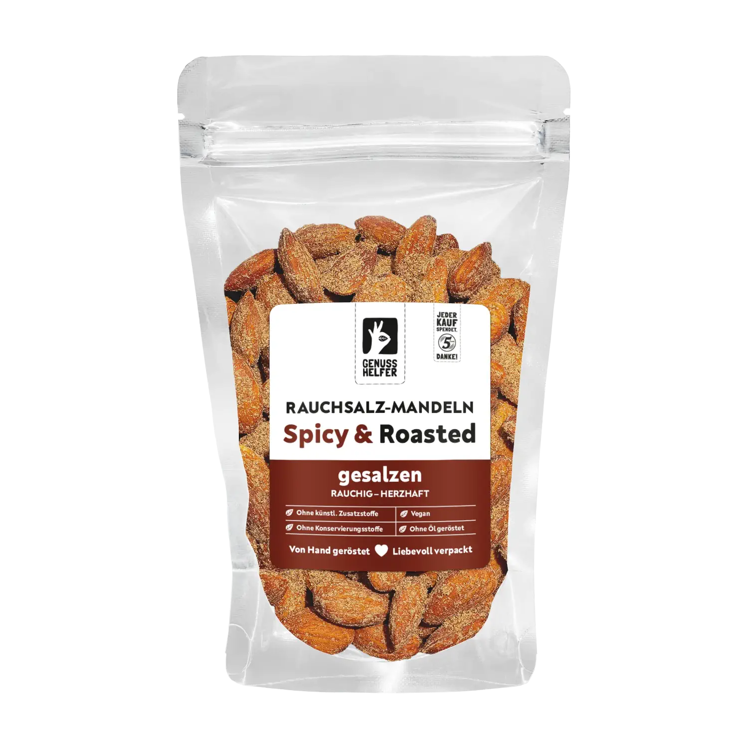 Rauchsalz-Mandeln, geröstet Vorderansicht eines Beutels mit Rauchsalzmandeln „Spicy Roasted“