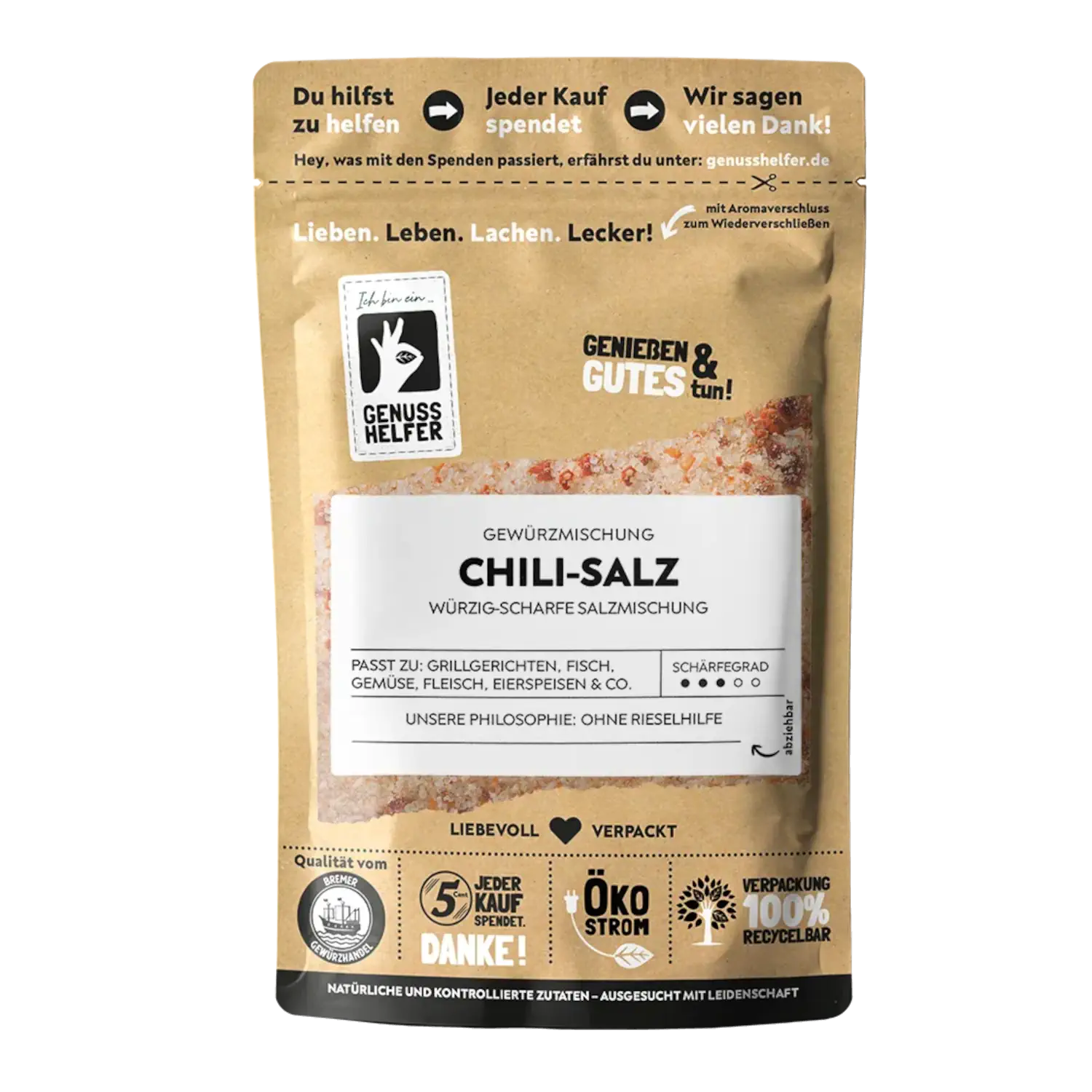 Vorderansicht eines Beutels mit Chili-Salz