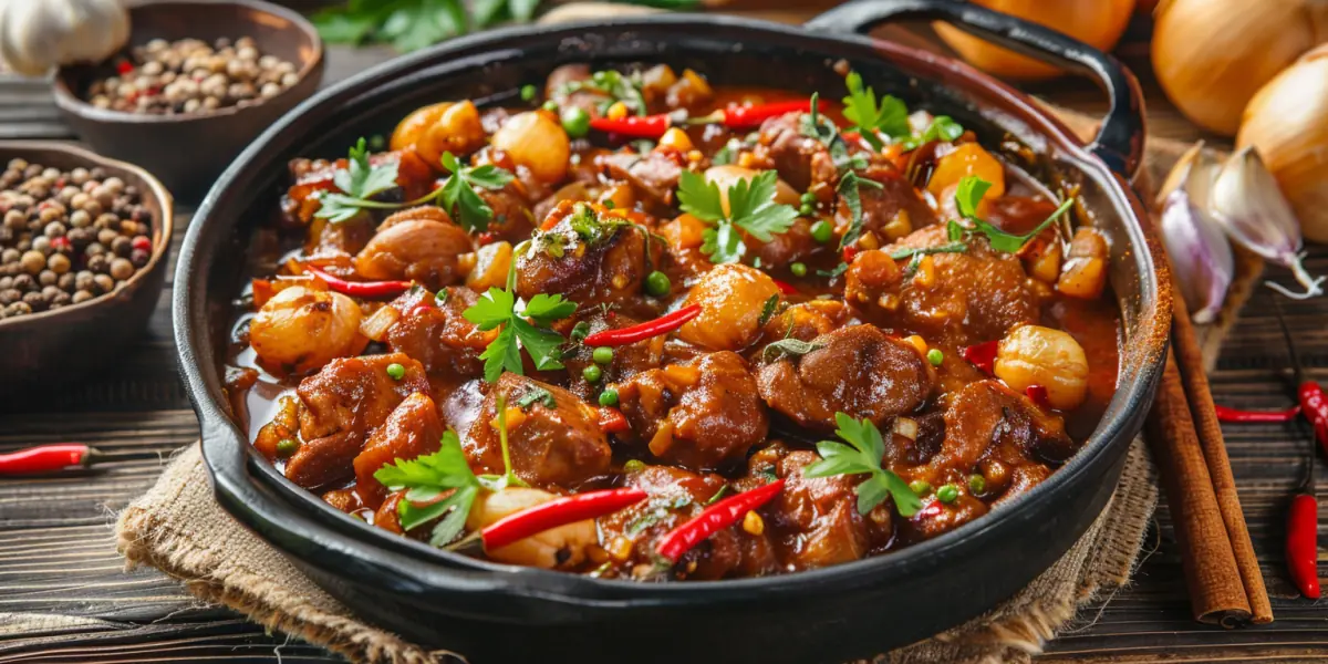 Arabisches Fleischgericht in der Pfanne mit Petersilie, Chili und Zimt