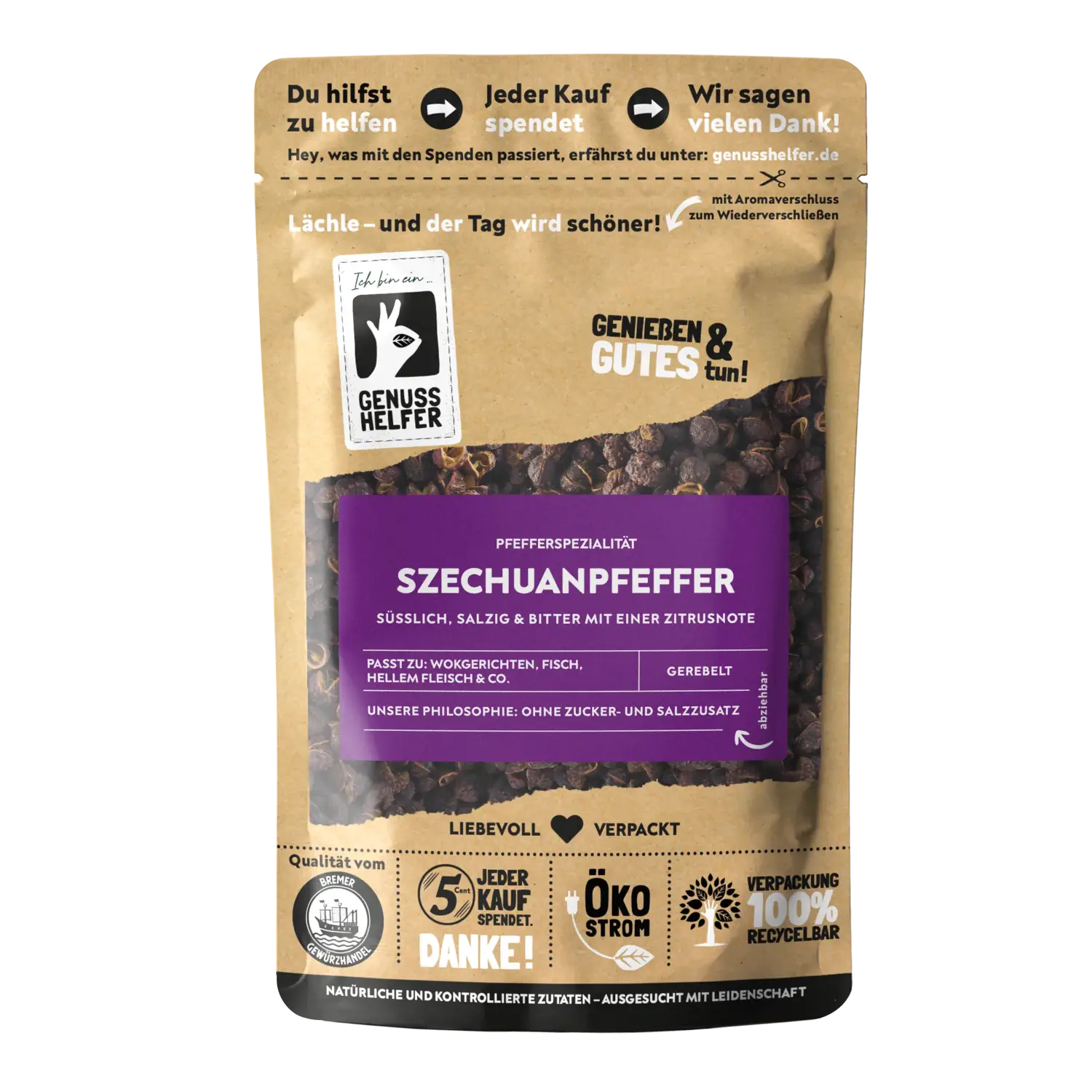 Szechuanpfeffer, ganz Vorderansicht eines Beutels mit Szechuanpfeffer (ganz)