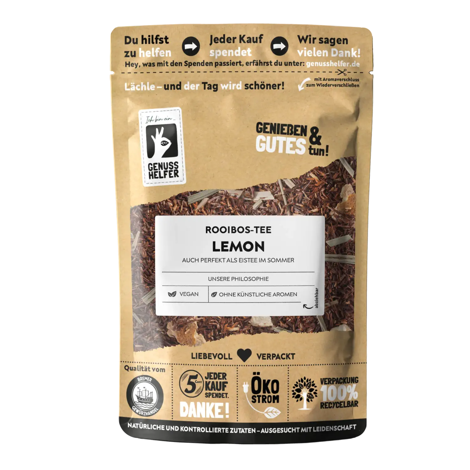 Rooibos Lemon Vorderansicht eines Beutels mit Rooibos-Tee „Lemon“