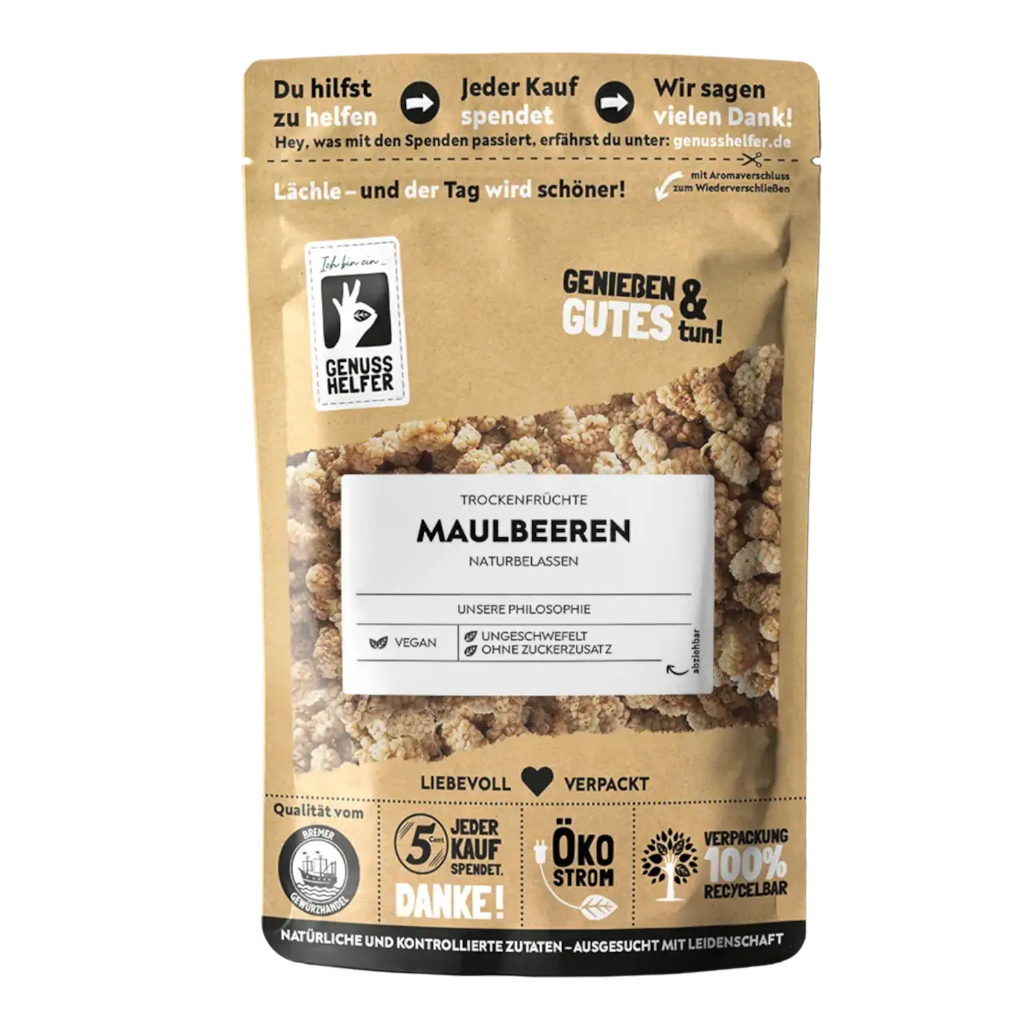 Maulbeeren, getrocknet Vorderansicht eines Beutels mit getrockneten Maulbeeren