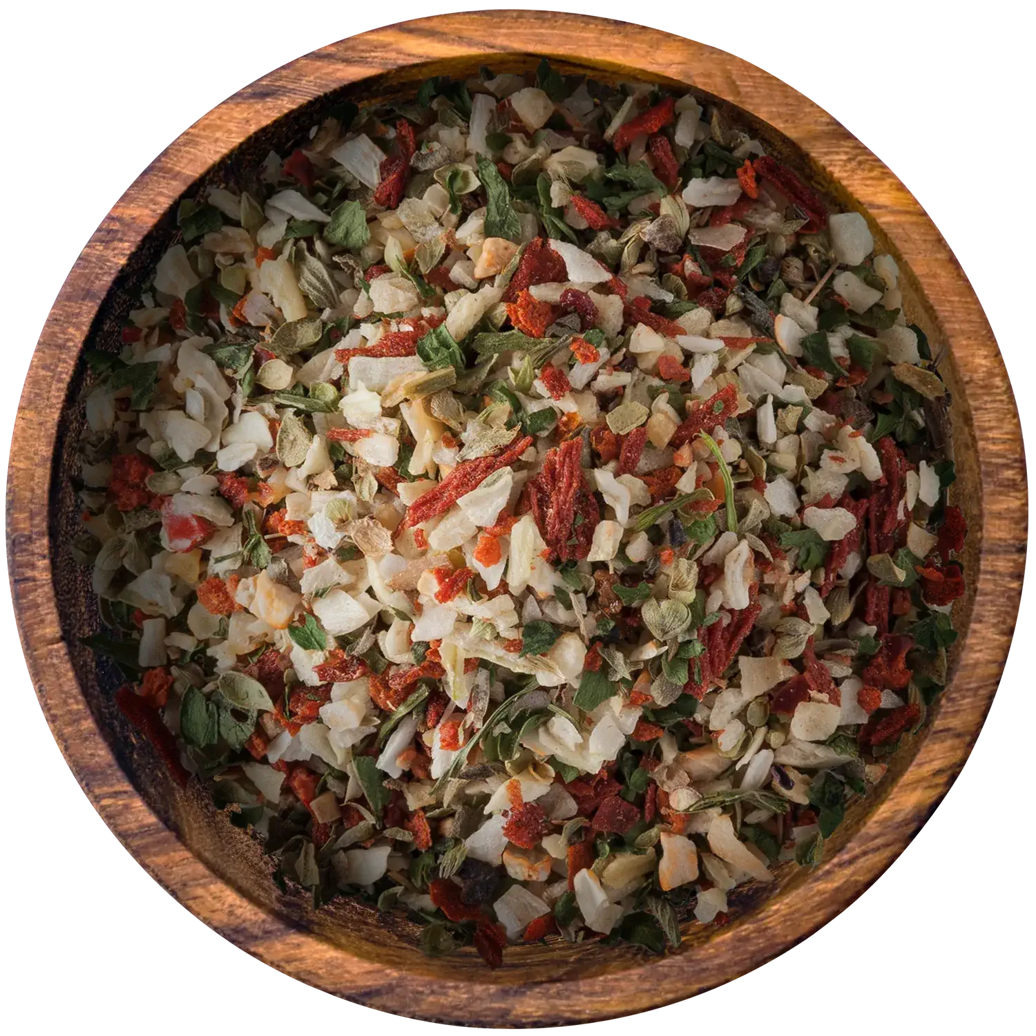 Geschrotete argentinische Gewürzmischung Chimichurri in einer Holzschale