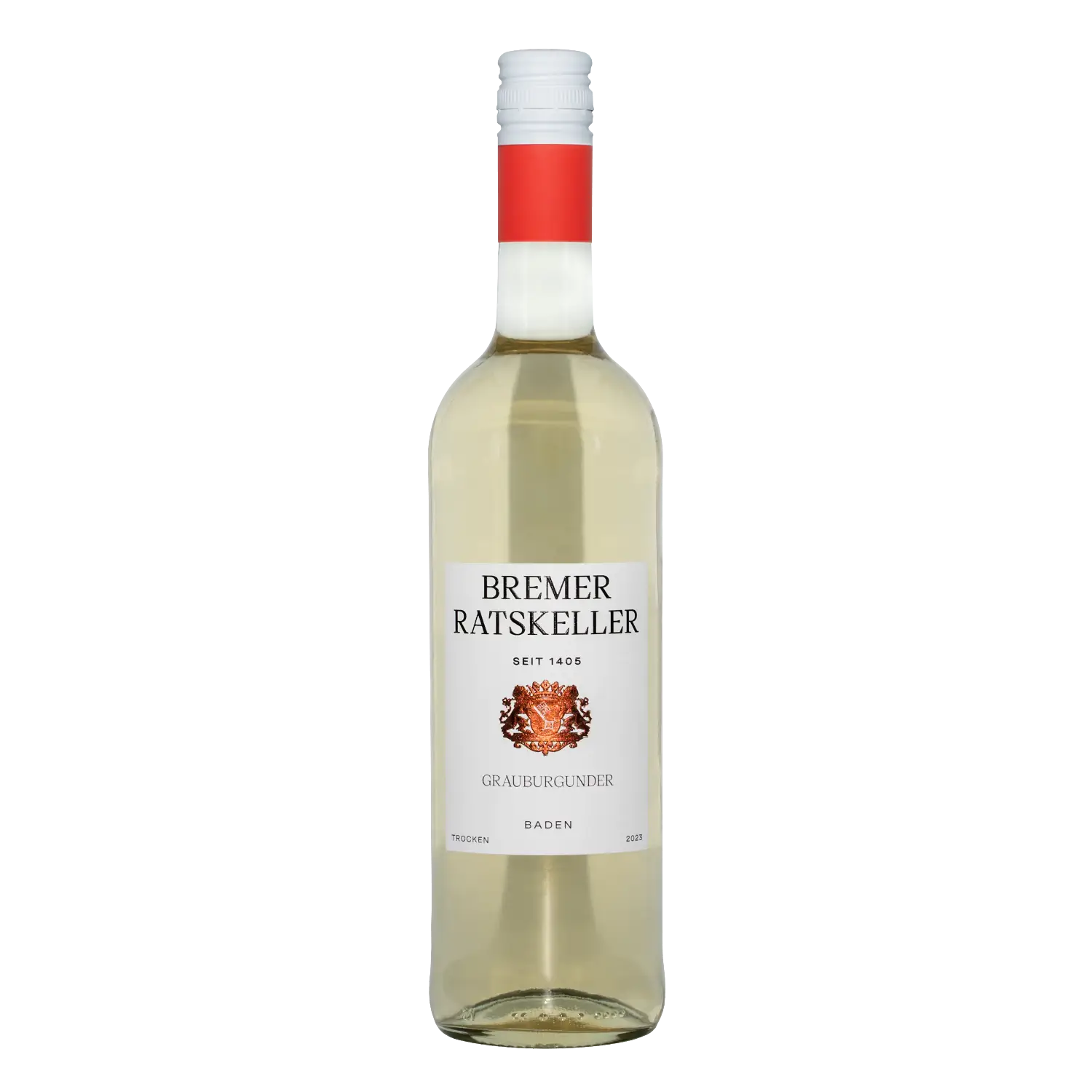 Vorderansicht einer Flasche „Grauburgunder trocken Bio“ vom Bremer Ratskeller