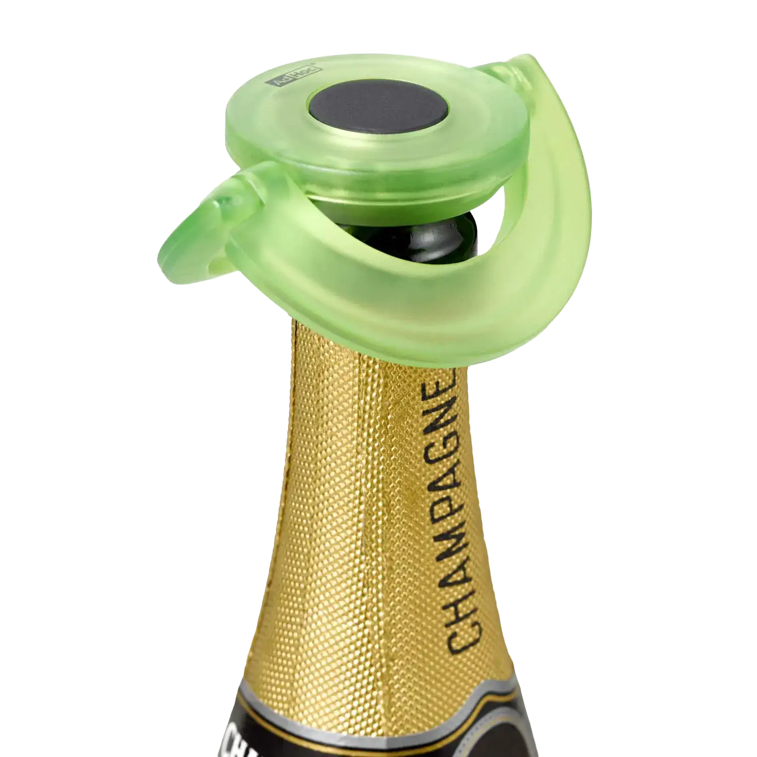AdHoc Sekt- und Champagnerverschluss GUSTO, Grün Grüner Sekt- und Champagnerverschluss „Gusto“ auf einer Flasche