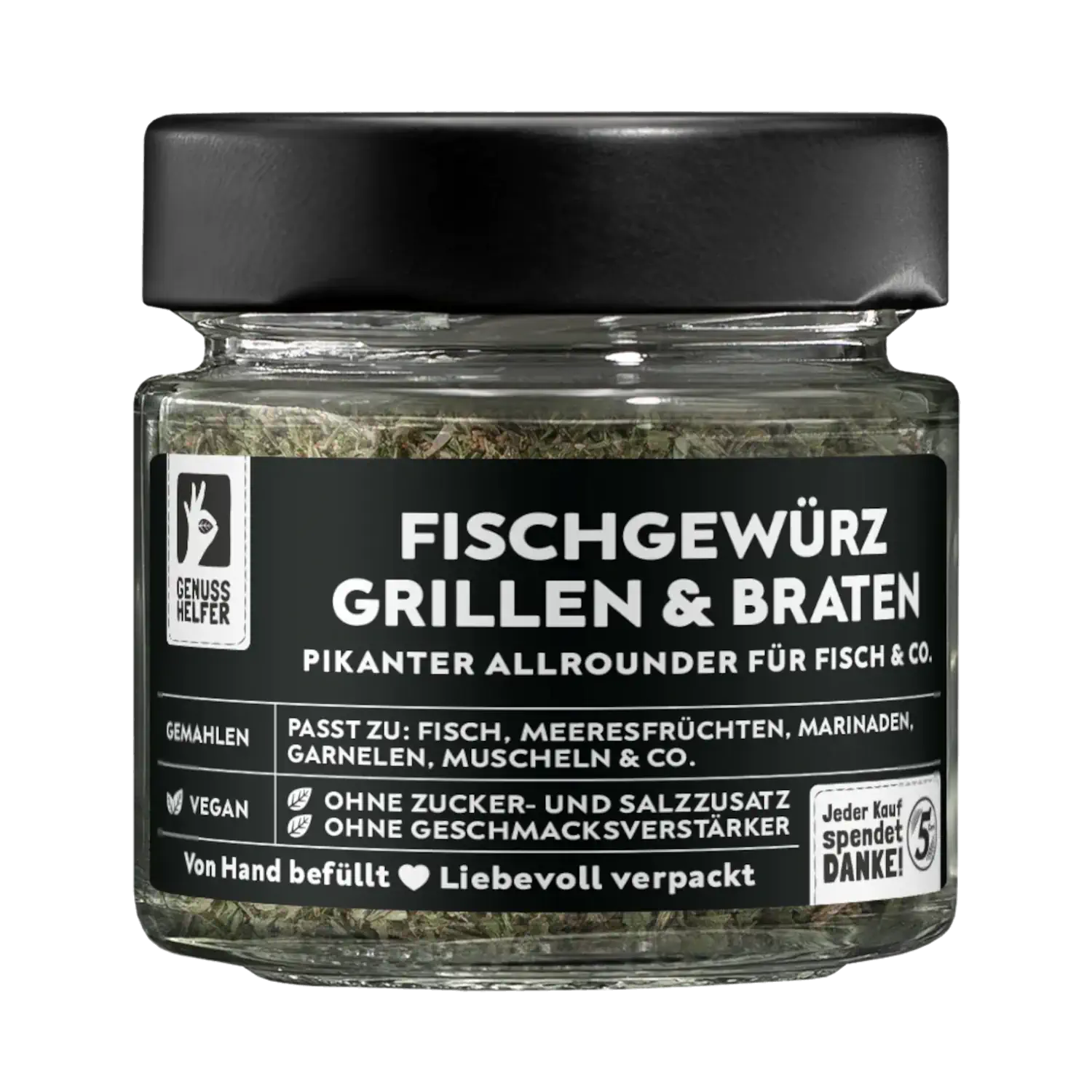 Vorderansicht eines Glases mit gemahlenem Fischgewürz zum Grillen und Braten