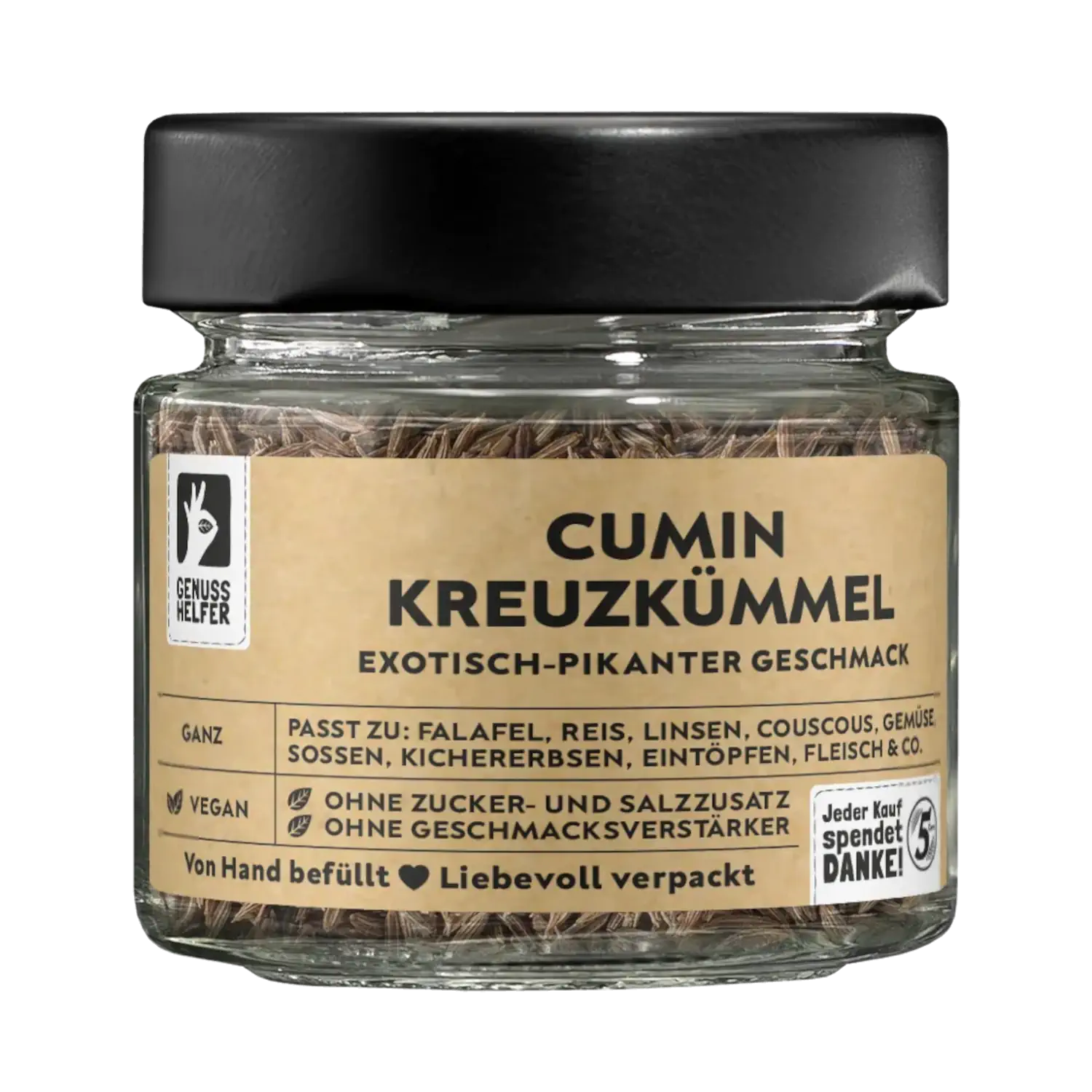 Vorderansicht eines Glases mit ganzem Kreuzkümmel (Cumin)
