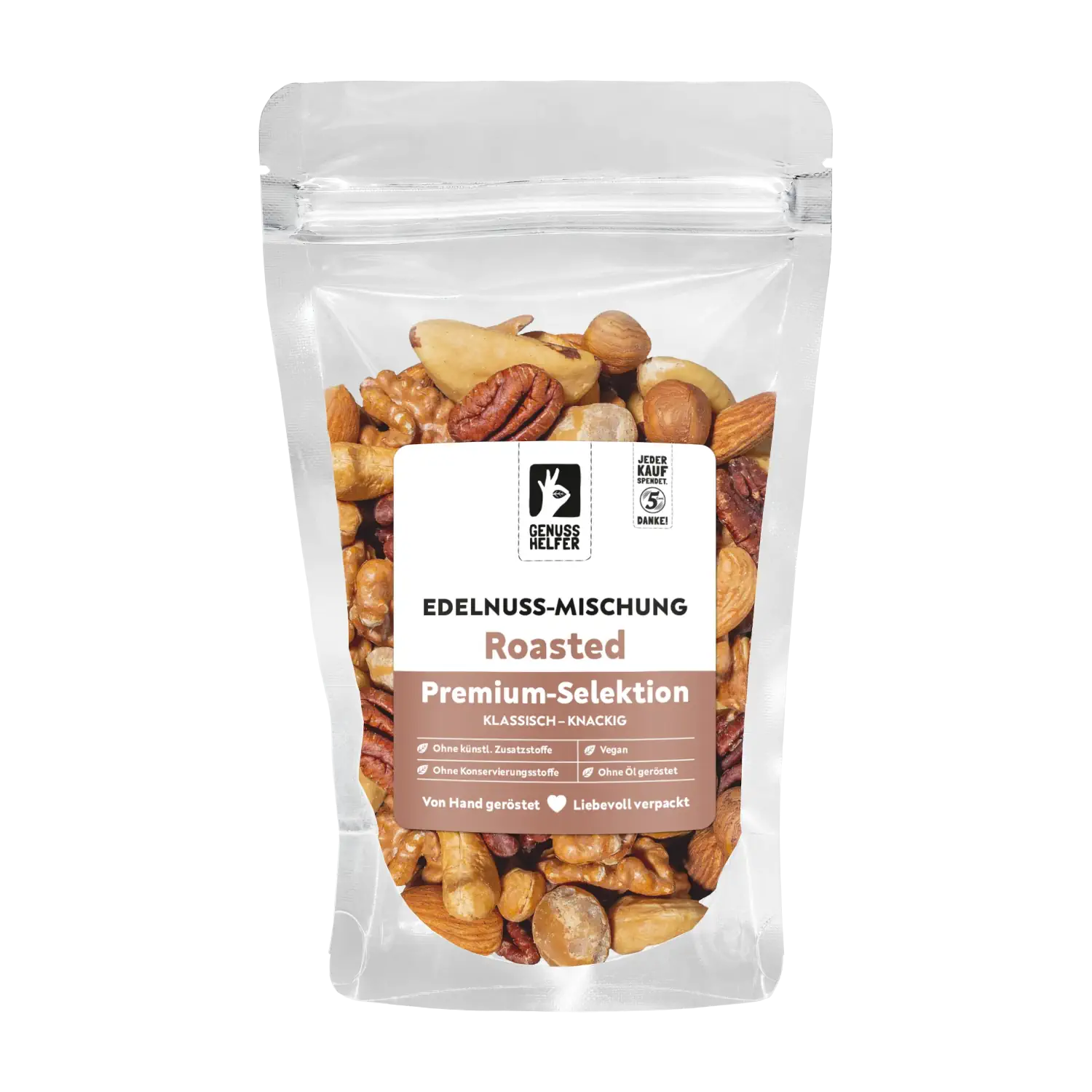 Edelnuss Mischung, geröstet, 5er Pack Vorderansicht eines Beutels mit Edelnussmischung „Roasted Premium Selektion“