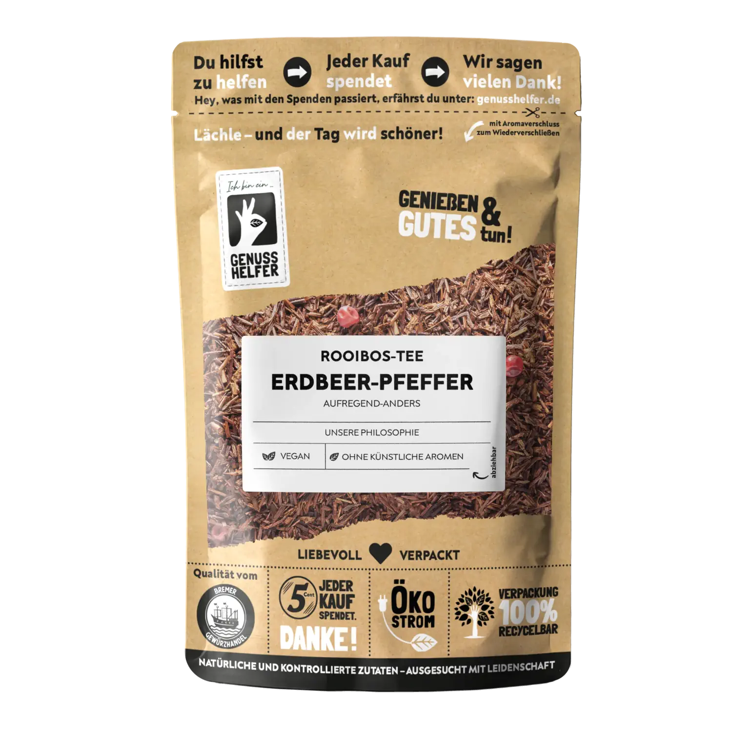Rooibos Erdbeer und roter Pfeffer Vorderansicht eines Beutels mit Rooibos-Tee Erdbeere und rotem Pfeffer
