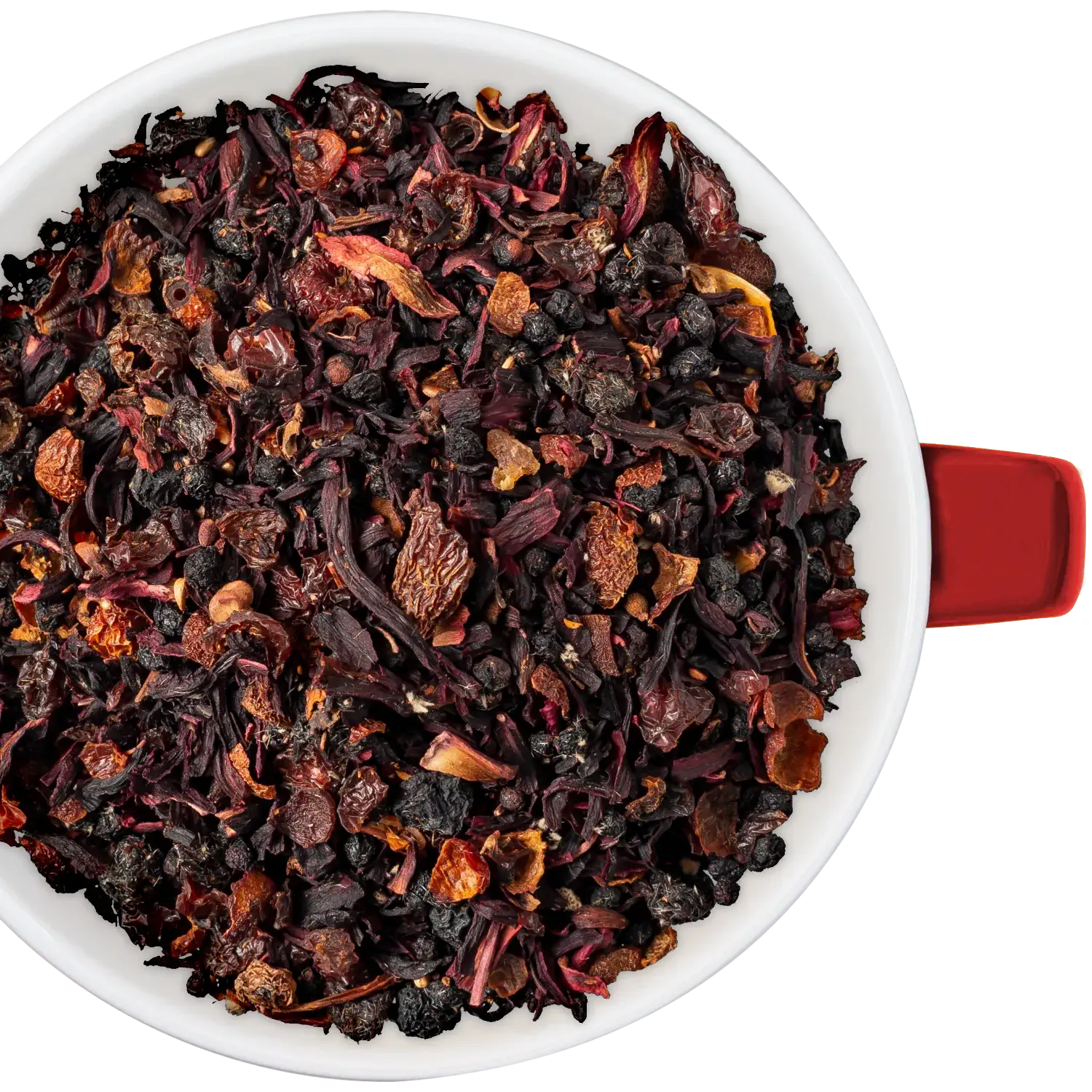 Rumtopf Tee, Früchtetee Vorderansicht eines Beutels mit losem Tee „Rumtopf Früchte“