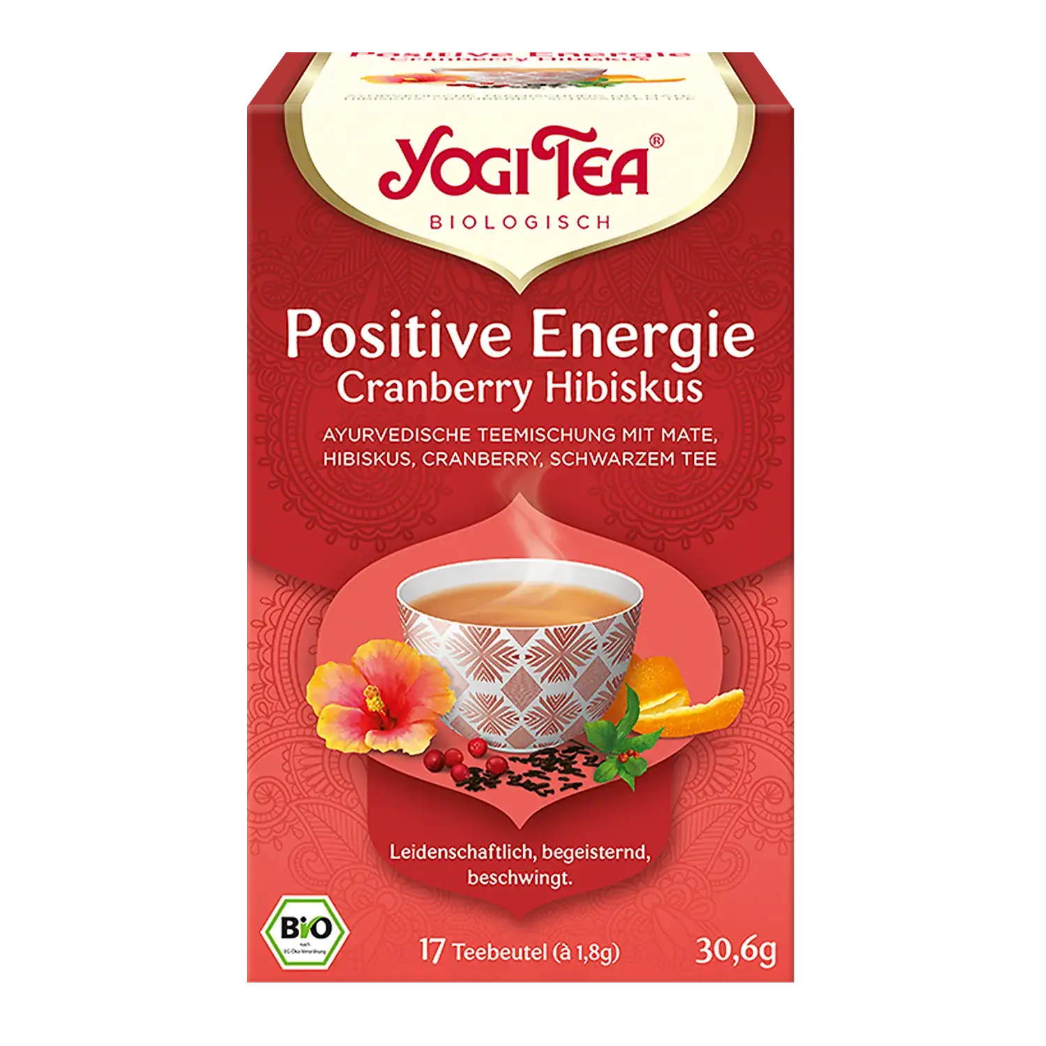 Packung mit Yogi-Tea „Positive Energie“ in Teebeuteln