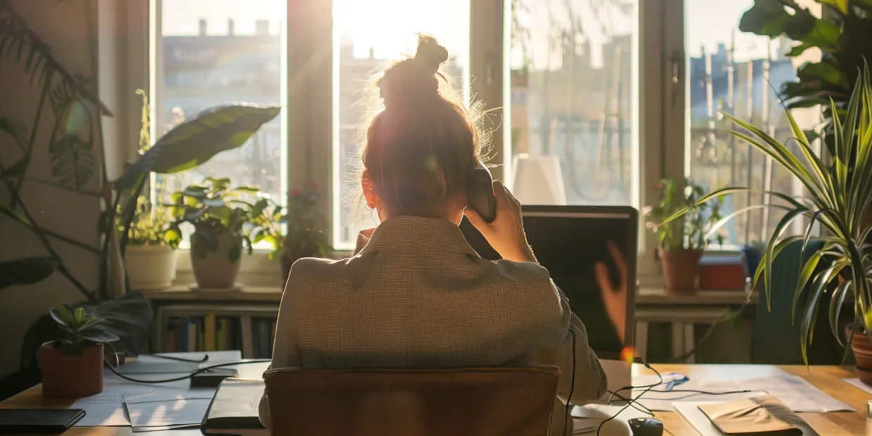 Frau beim Kundenservice am Telefon – freundlicher Kontakt in sonnigem Büro